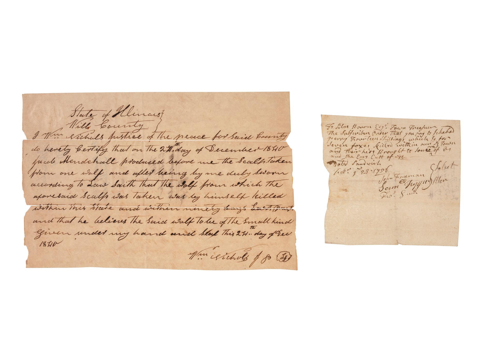 [GENERAL AMERICANA]. A group of 2 bounty receipts for wild animals, comprising: