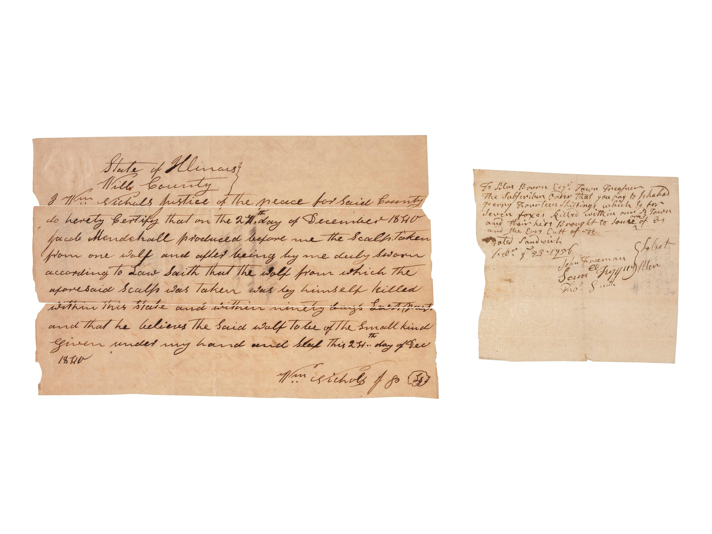[GENERAL AMERICANA]. A group of 2 bounty receipts for wild animals, comprising: