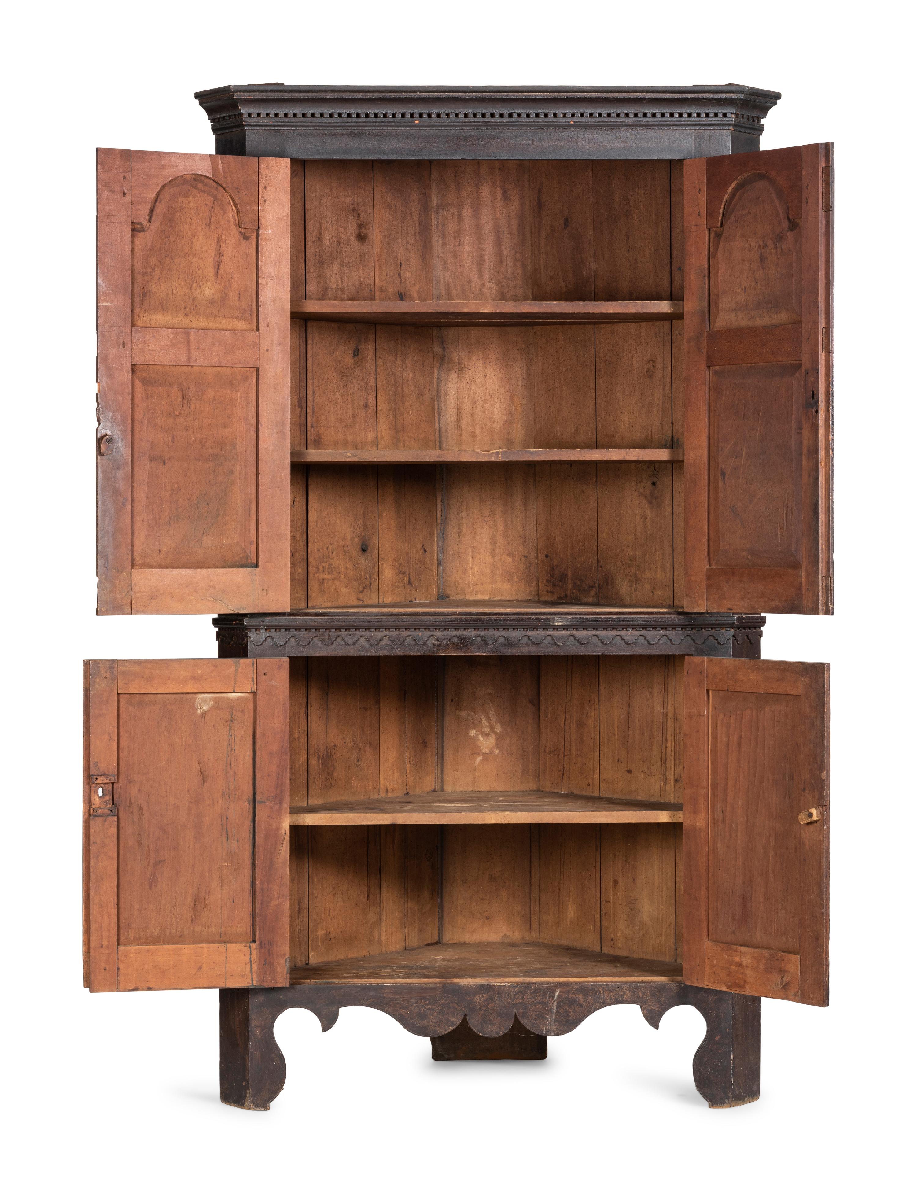 A Federal Grain Painted Cherrywood Corner Cupboard