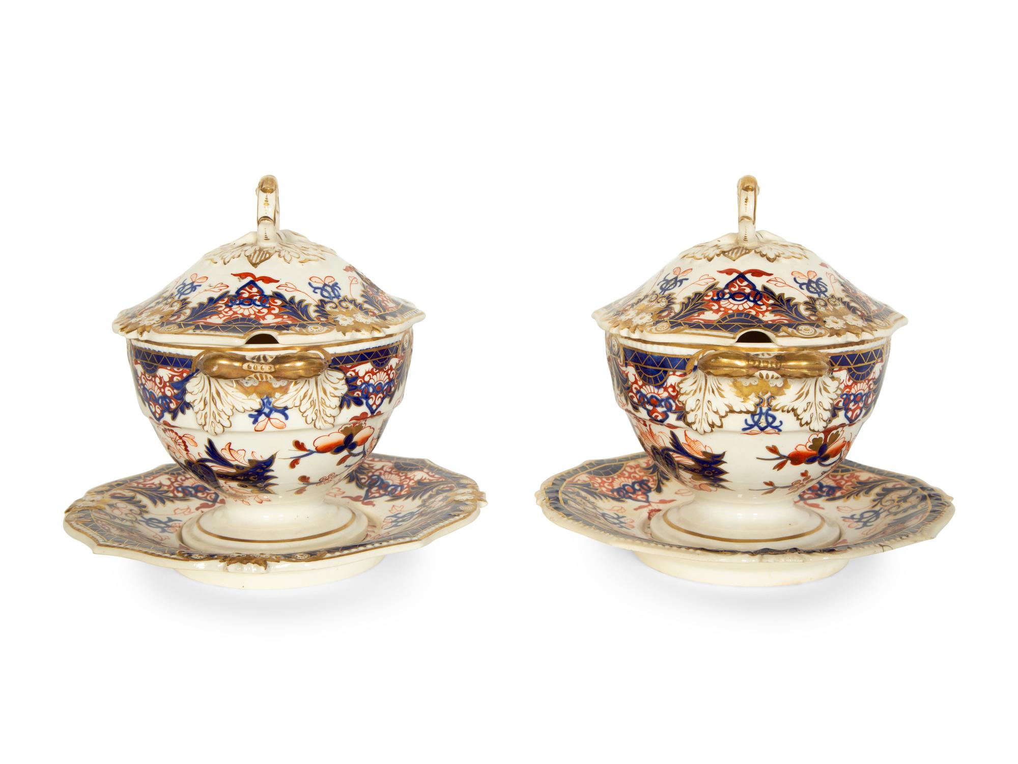 A Pair of Bloor Derby Porcelain Sauce Tureens and Stands