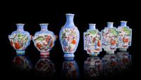 Six Molded Famille Rose Porcelain Snuff Bottles Height of tallest 3 7/8 inches. — EARLY 20TH CENTURY