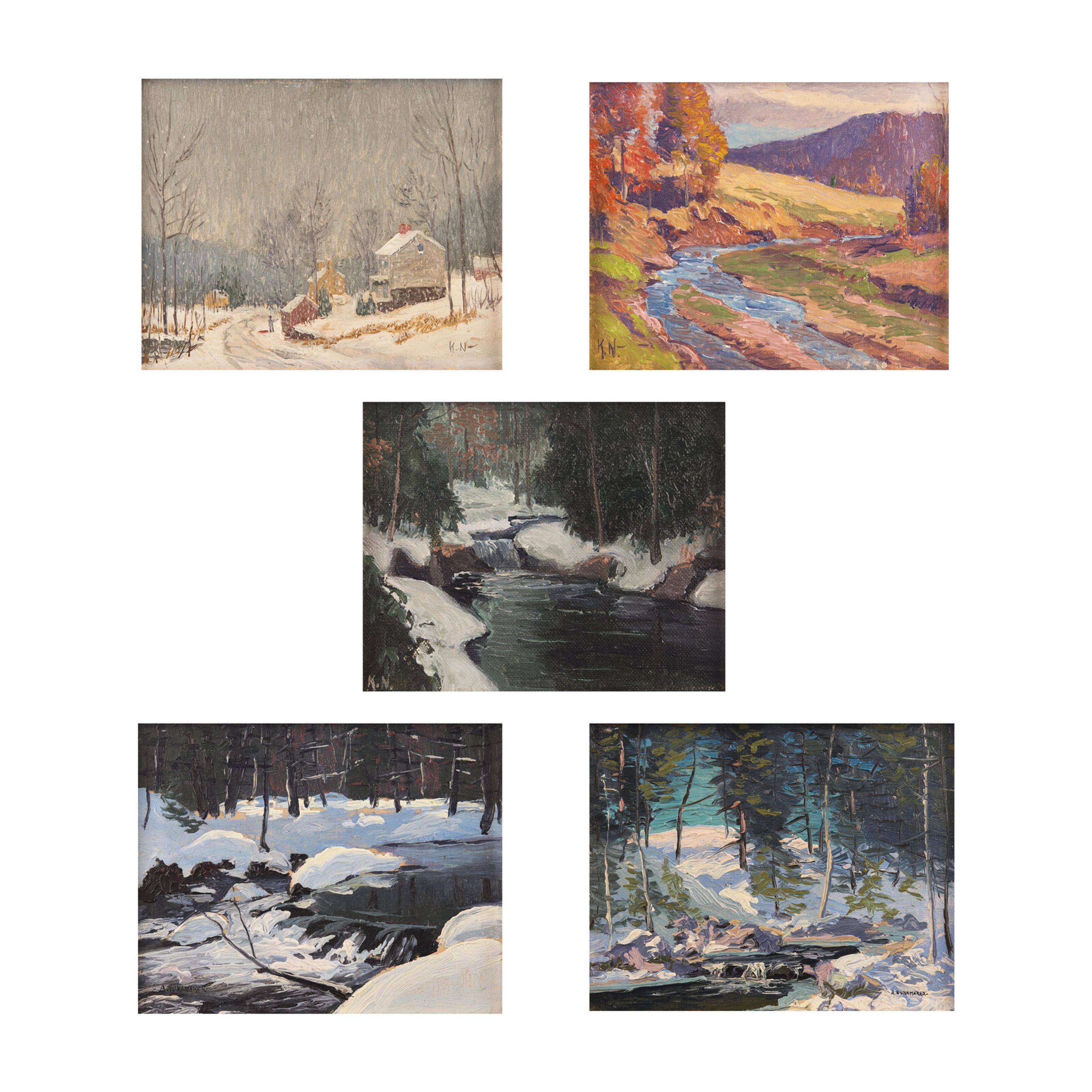 Kenneth R. Nunamaker (American, 1890-1957) and Alfred Nunamaker (American, 1915-1988) — Christmas Morning, Autumn, and The Brook (Three Works by Kenneth R. Nunamaker) ; together with Waterfall and Winter Brook (Two Works by Alfred Nunamaker)