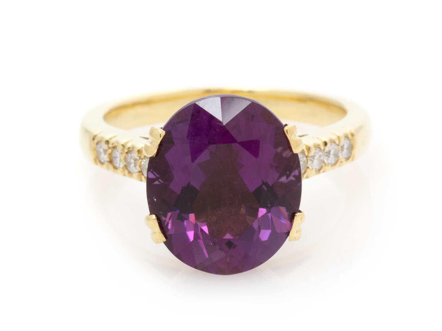 An 18 Karat Yellow Gold, Amethyst and Diamond Ring, 5.60 dwts.