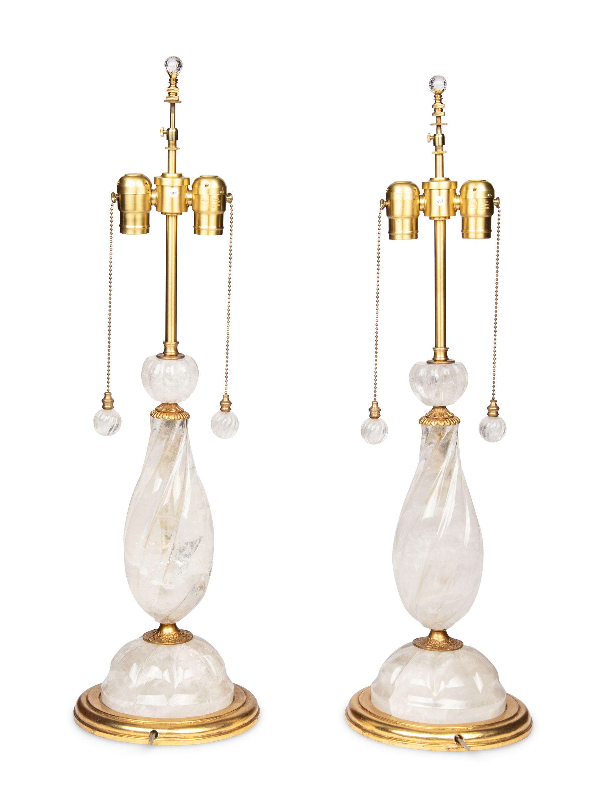 A Pair of Gilt Metal and Rock Crystal Table Lamps