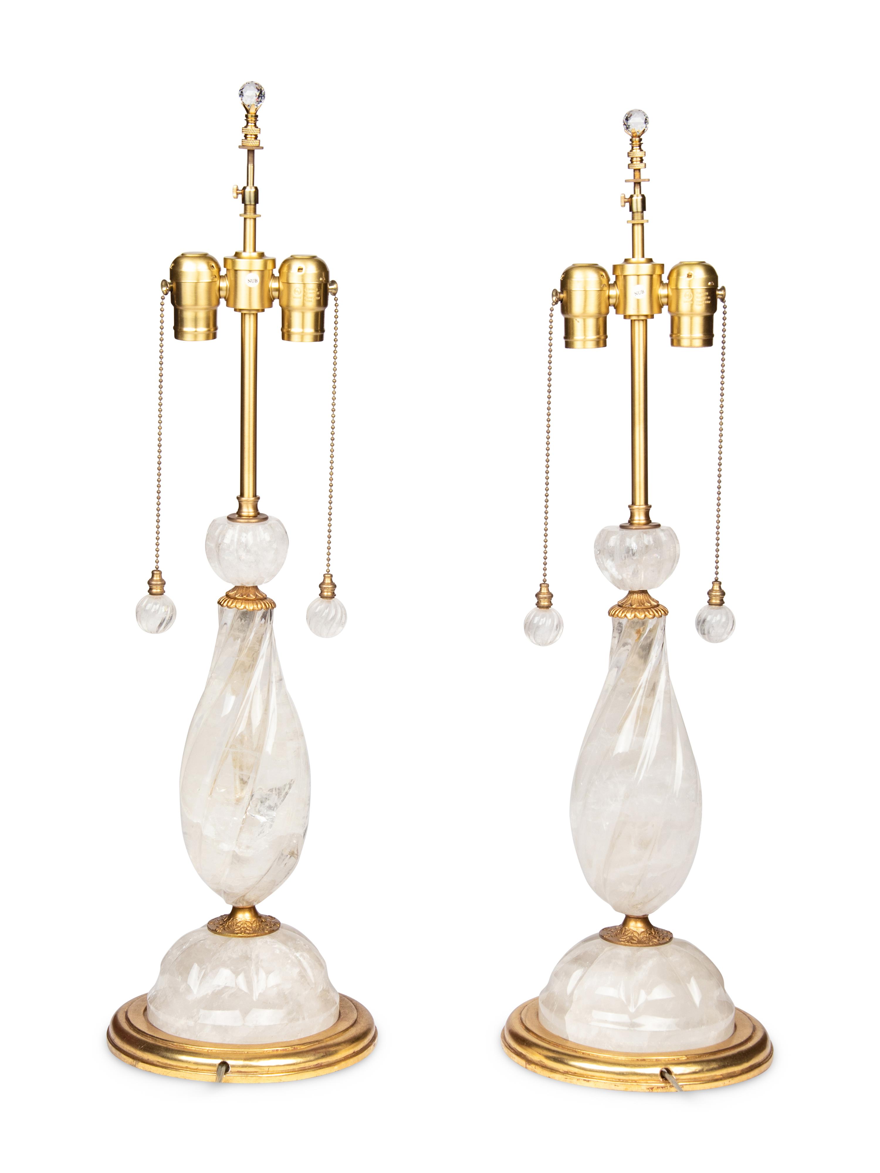A Pair of Gilt Metal and Rock Crystal Table Lamps