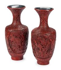 A Pair of Monumental Chinese Cinnabar Urns