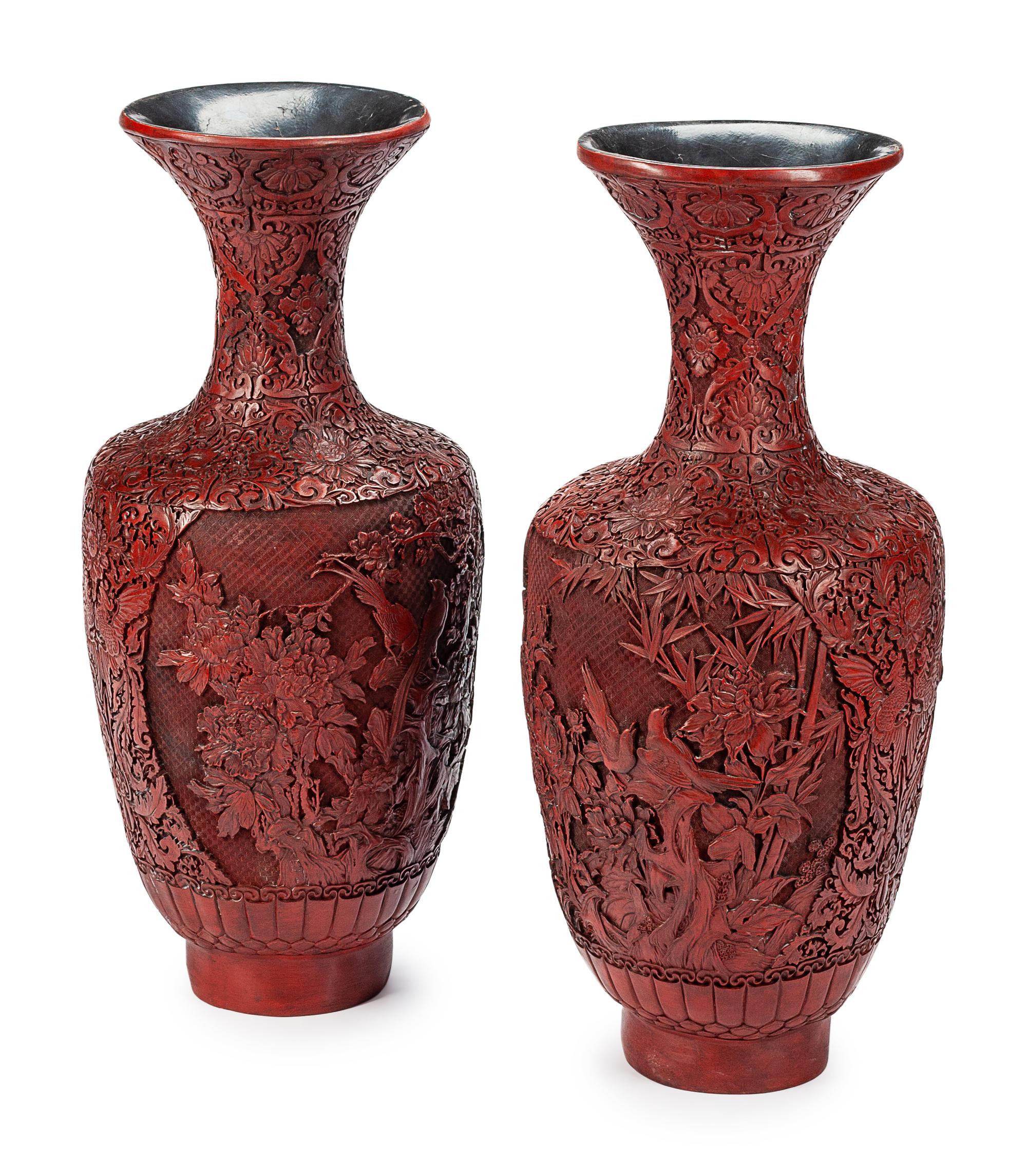 A Pair of Monumental Chinese Cinnabar Urns