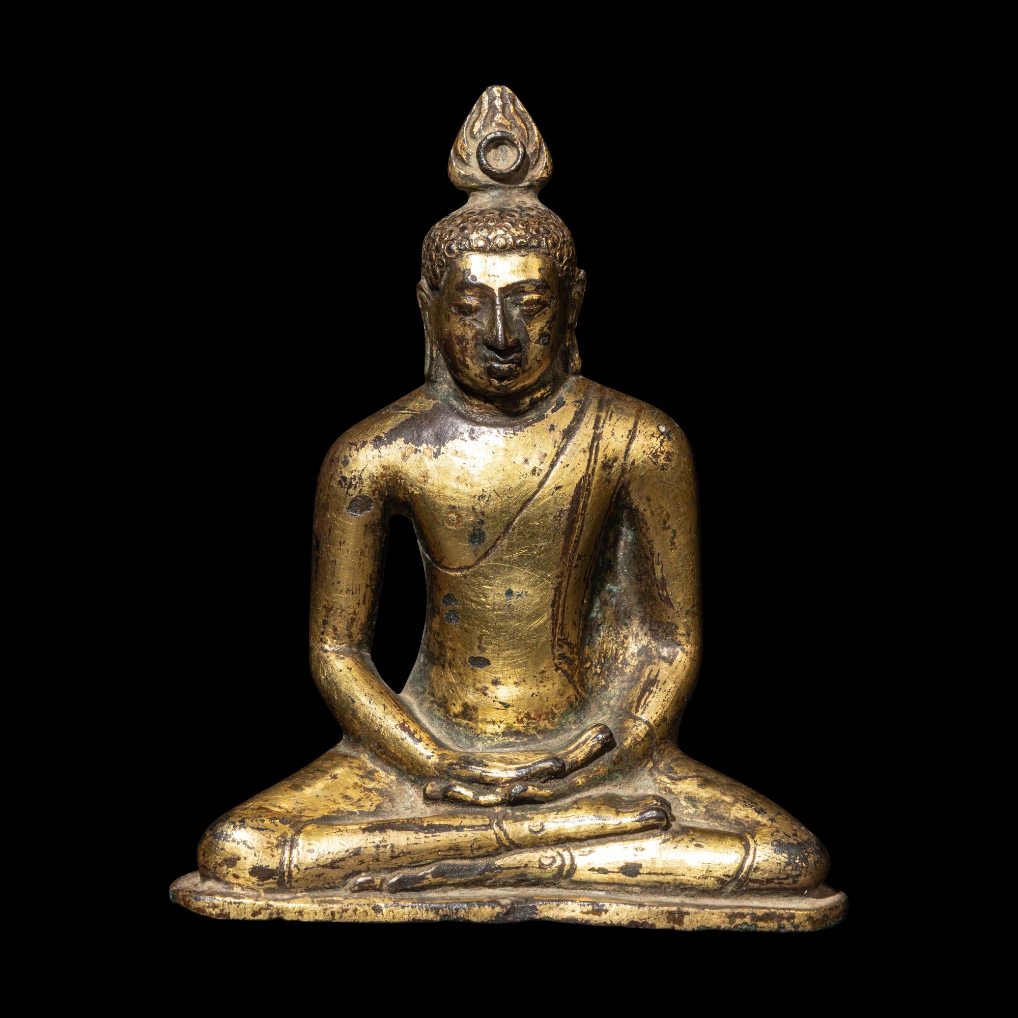 A Gilt Bronze Figure of Seated Buddha Shakyamuni, Sri Lanka, Anuradhapura, 7th-10th Century 六-七世紀 斯里蘭卡阿努拉德普勒時期銅鎏金坐佛