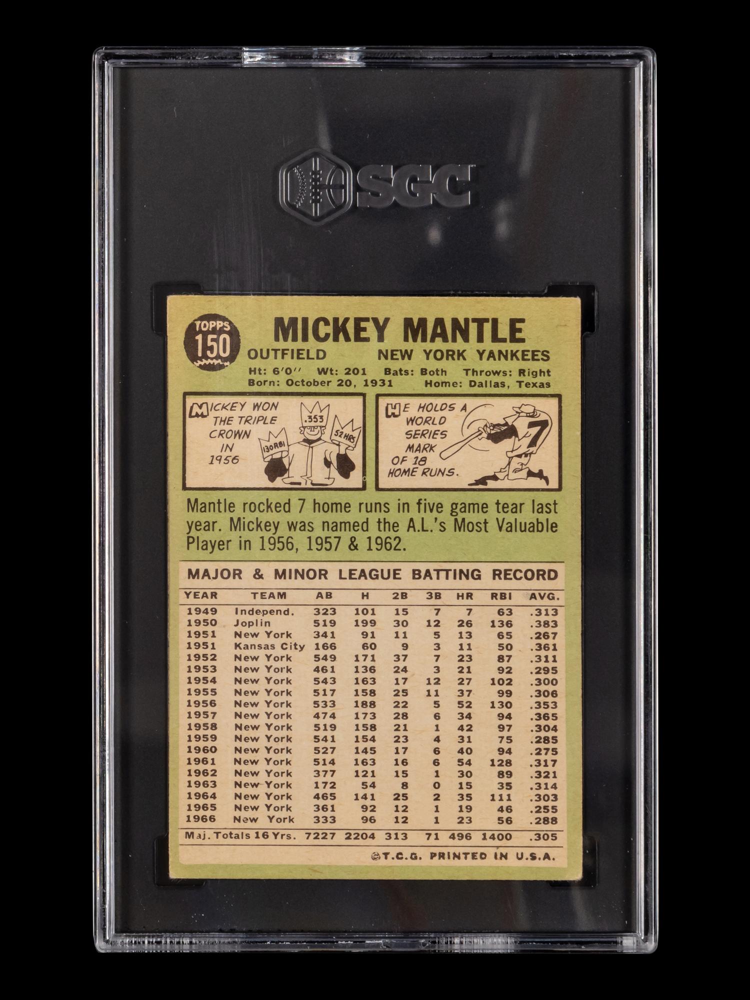 A 1967 Topps Mickey Mantle Baseball Card No. 150 (SGC 4 VG-EX)