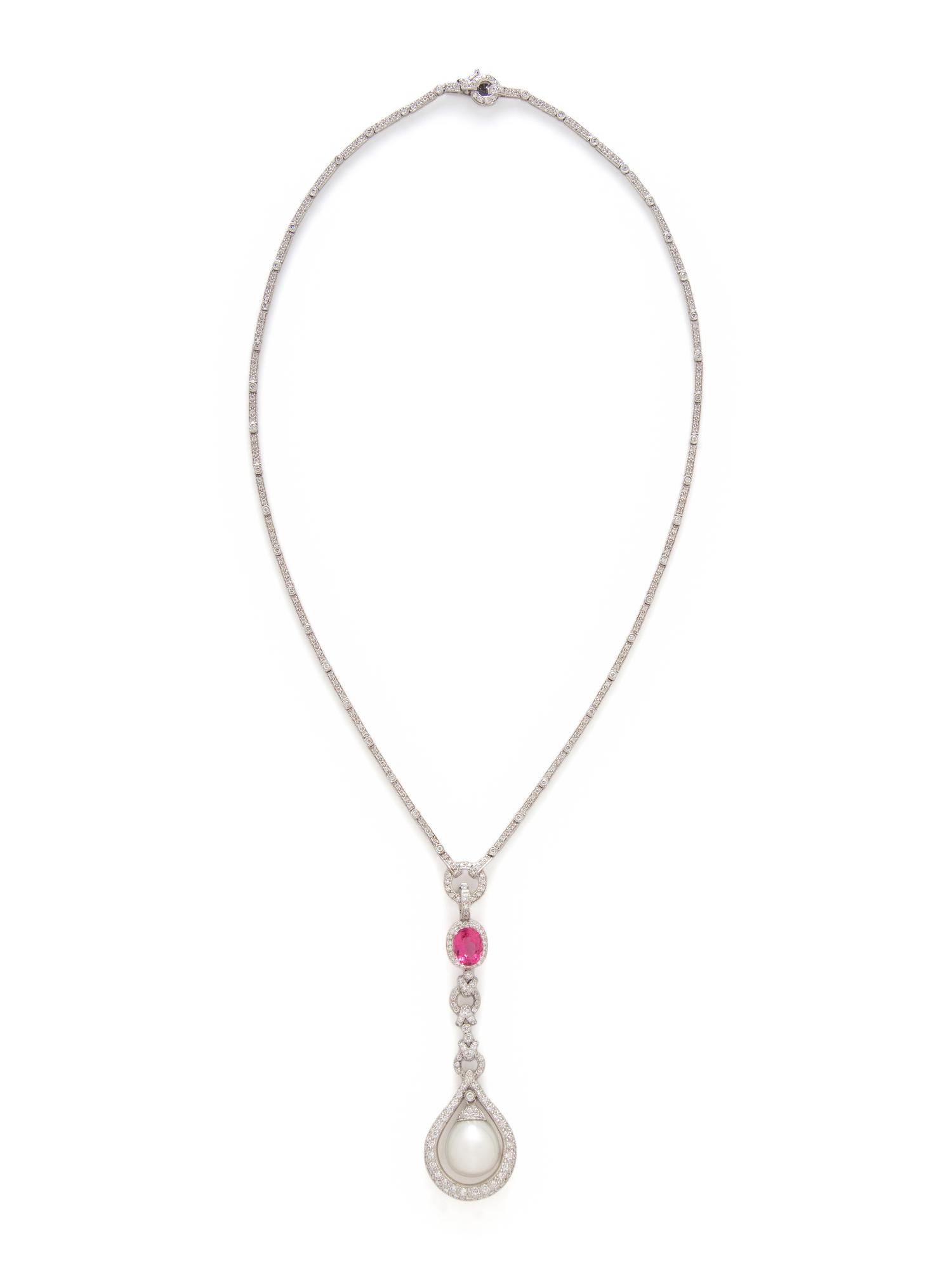 WHITE GOLD, CULTURED PEARL, PINK TOURMALINE, AND DIAMOND CONVERTIBLE NECKLACE