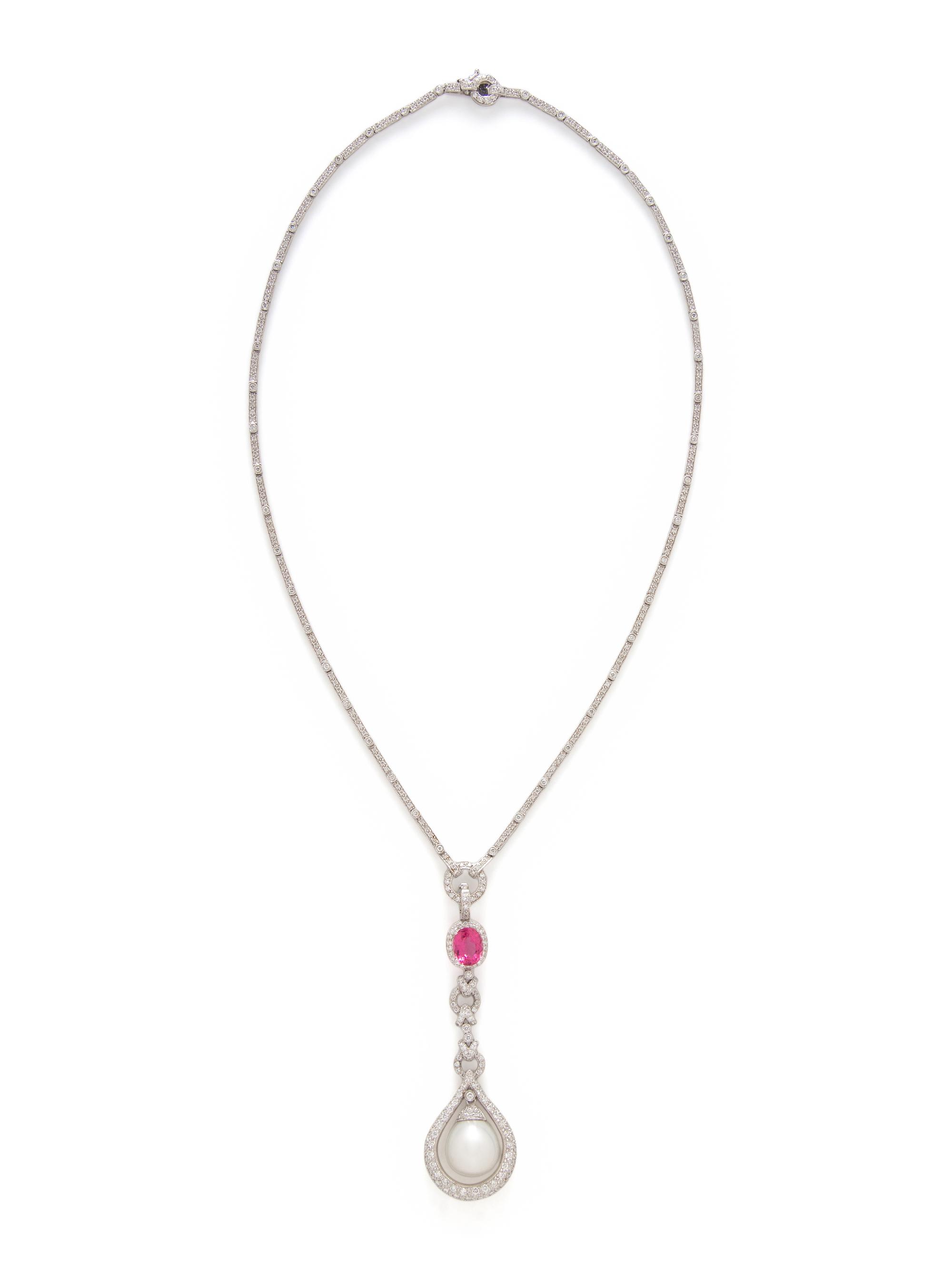 WHITE GOLD, CULTURED PEARL, PINK TOURMALINE, AND DIAMOND CONVERTIBLE NECKLACE