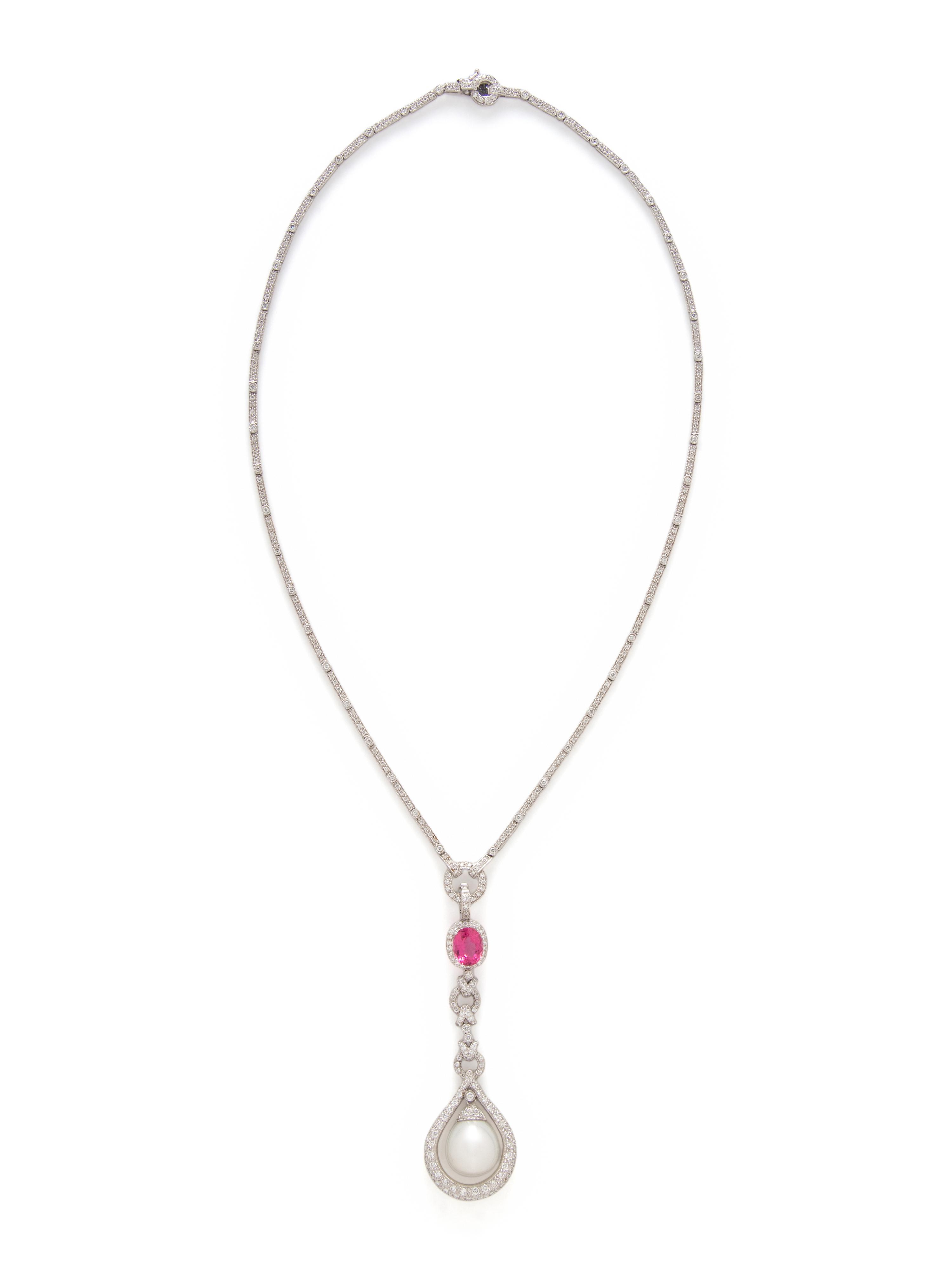 WHITE GOLD, CULTURED PEARL, PINK TOURMALINE, AND DIAMOND CONVERTIBLE NECKLACE