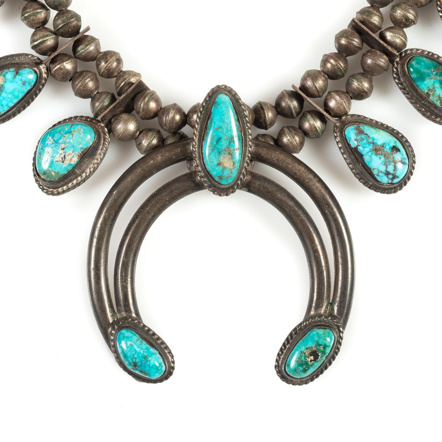 Navajo Silver and Turquoise Squash Blossom Necklace