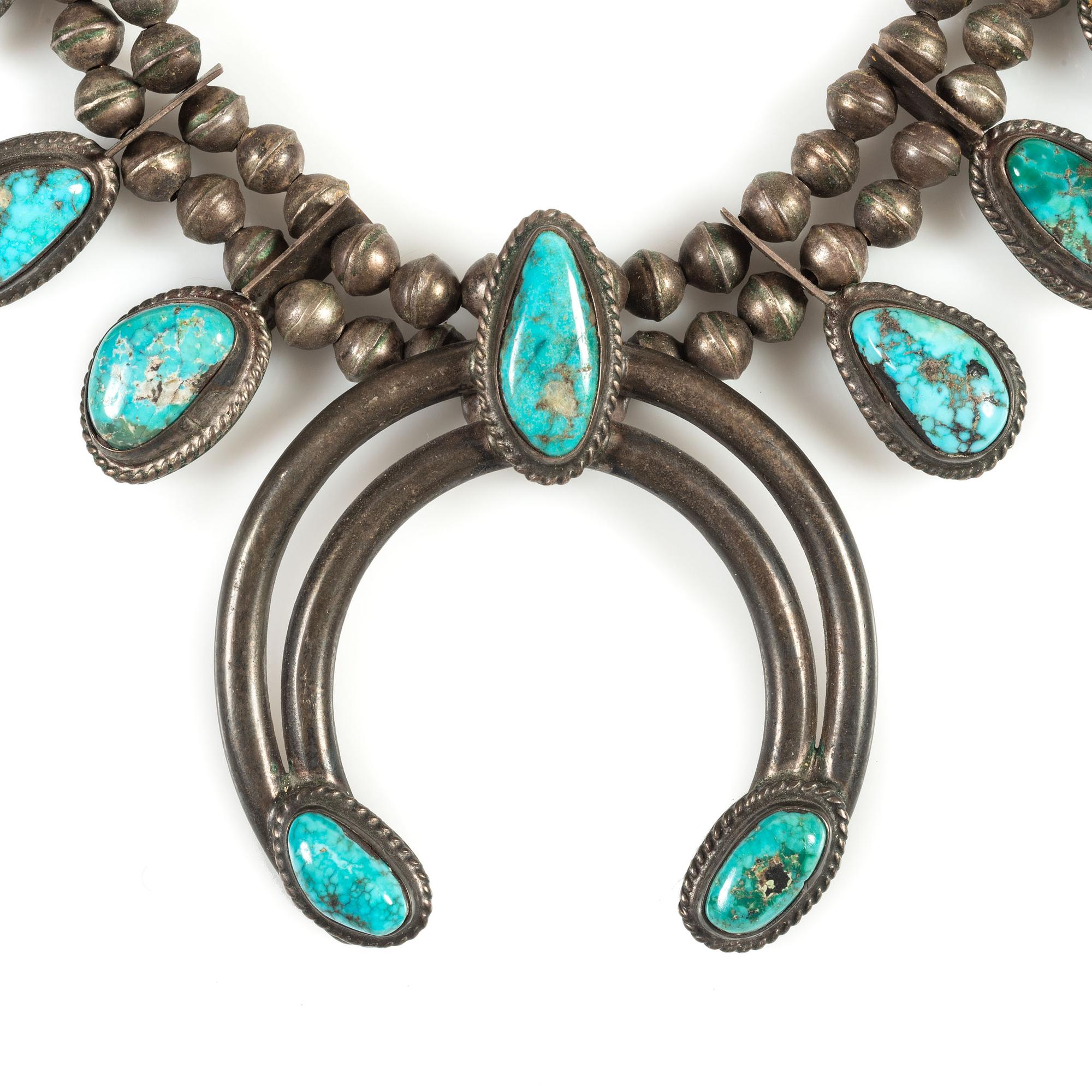 Navajo Silver and Turquoise Squash Blossom Necklace