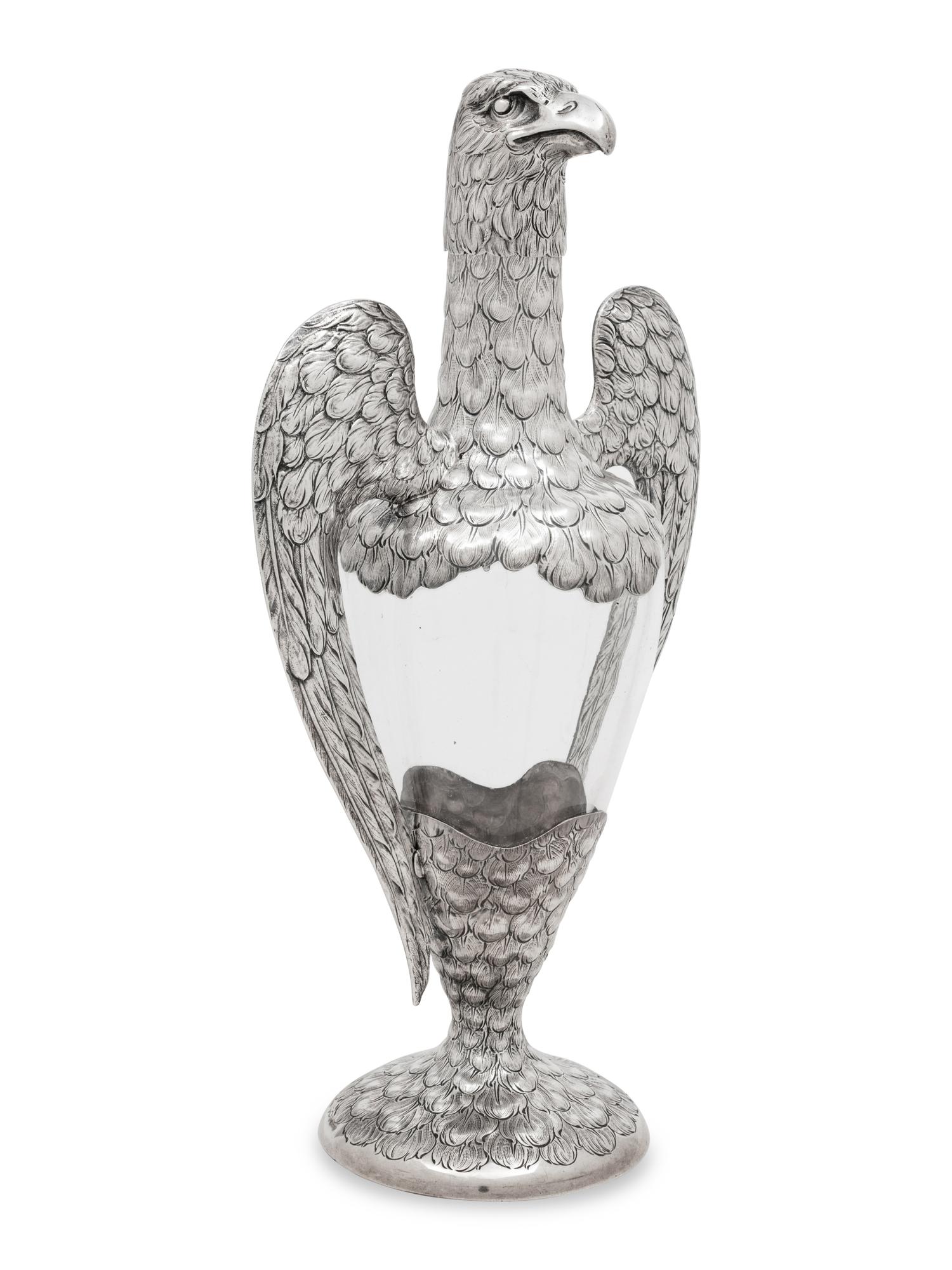 A German Silver-Mounted Glass Eagle-Form Decanter