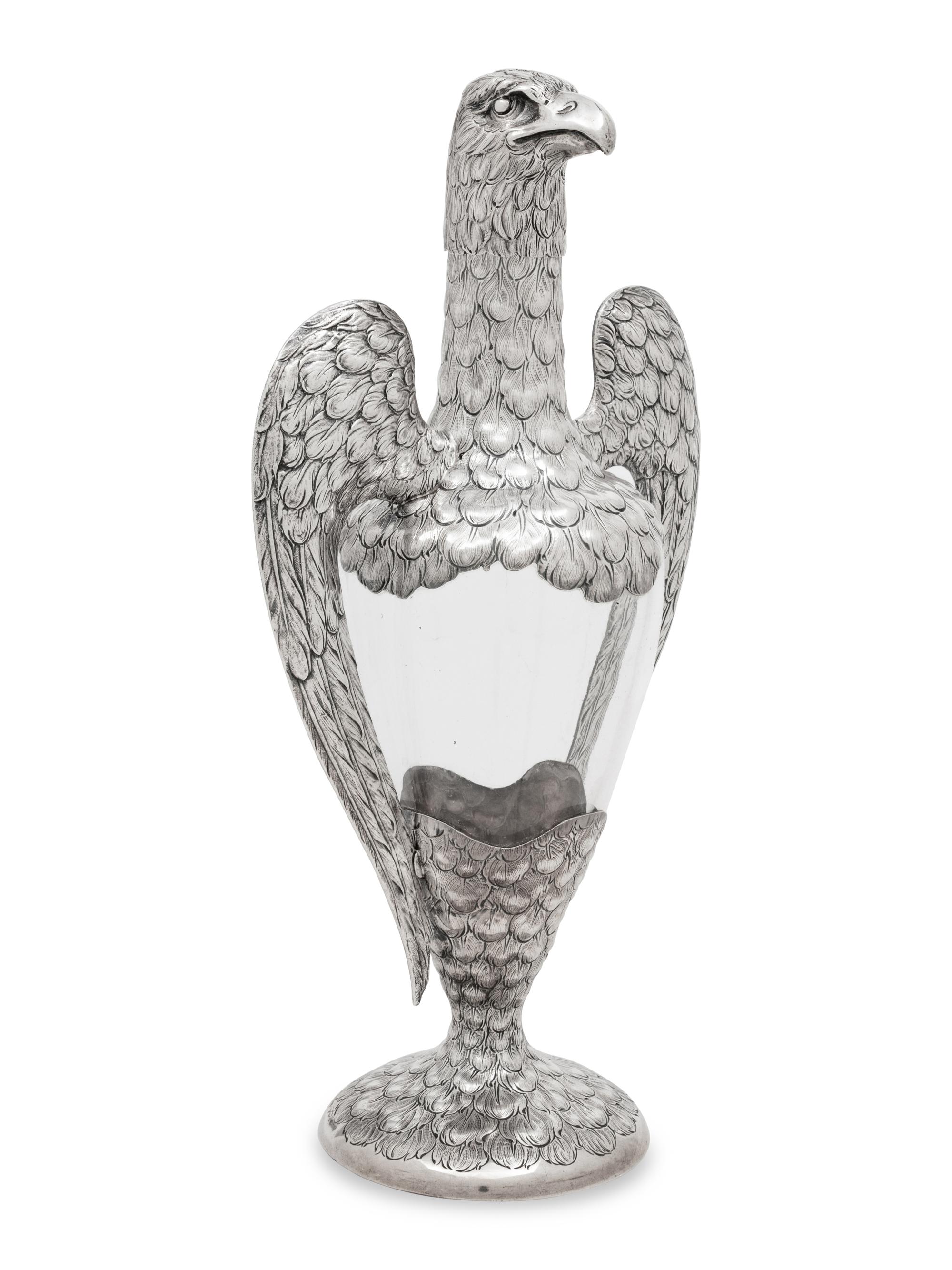 A German Silver-Mounted Glass Eagle-Form Decanter