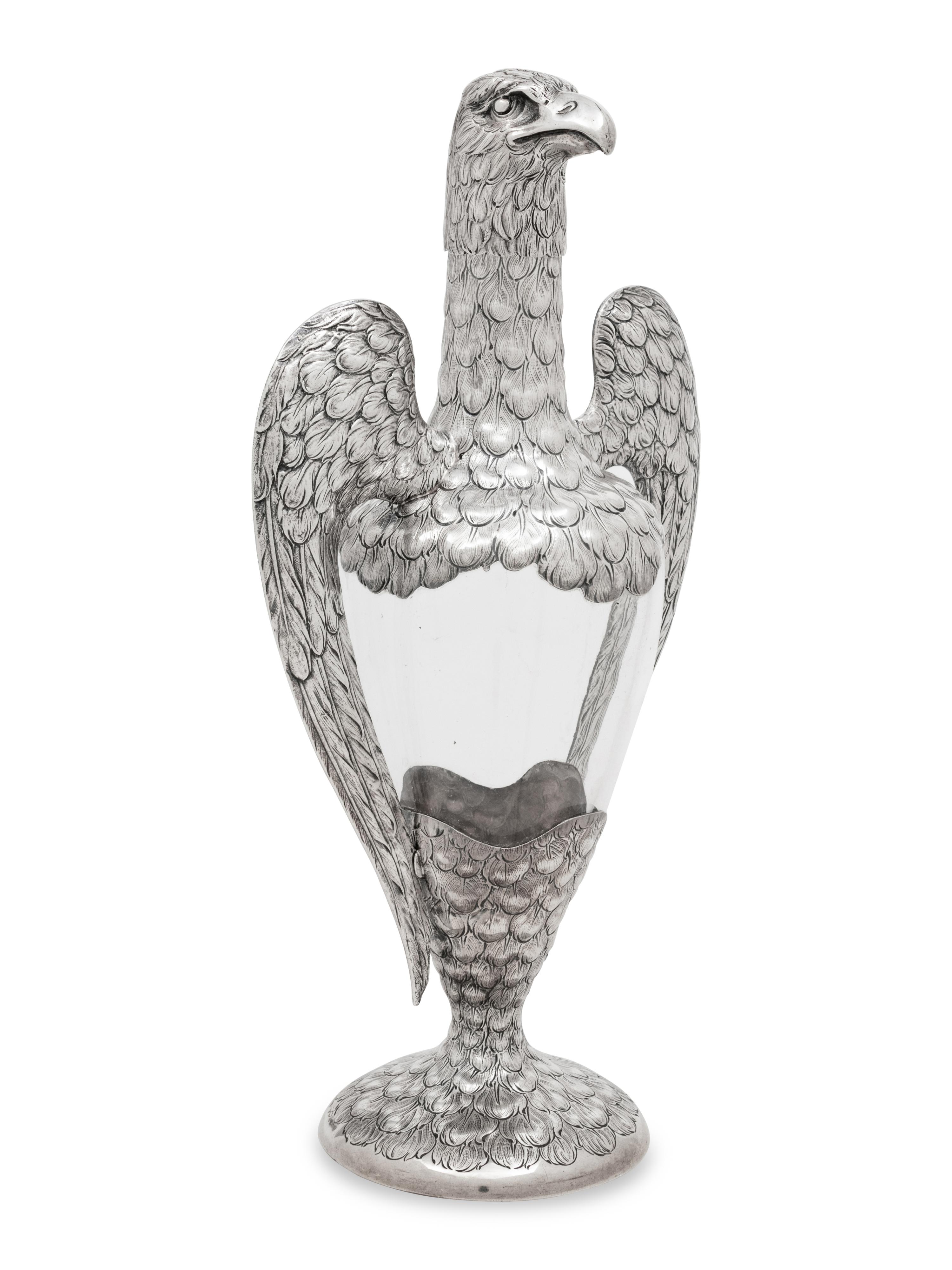 A German Silver-Mounted Glass Eagle-Form Decanter