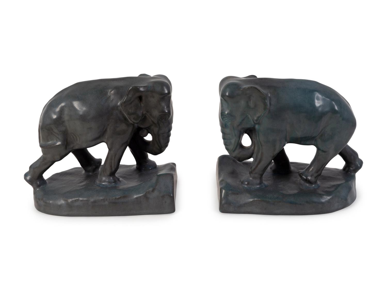 A Pair of Rookwood Green-Glazed Pottery Elephant Bookends — DATED 1923