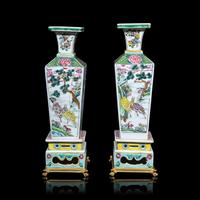 A Pair of Chinese Famille Rose Porcelain 'Cranes and Deer' Square-Section Vases, Qing Dynasty 清 粉彩鹿鶴同春方瓶一對