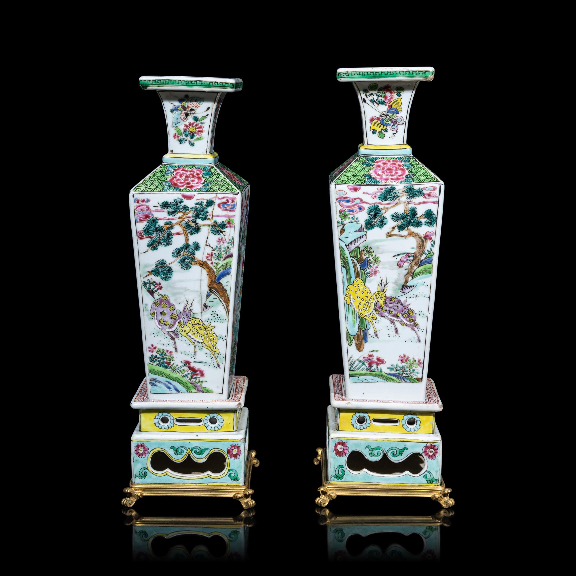 A Pair of Chinese Famille Rose Porcelain 'Cranes and Deer' Square-Section Vases, Qing Dynasty 清 粉彩鹿鶴同春方瓶一對