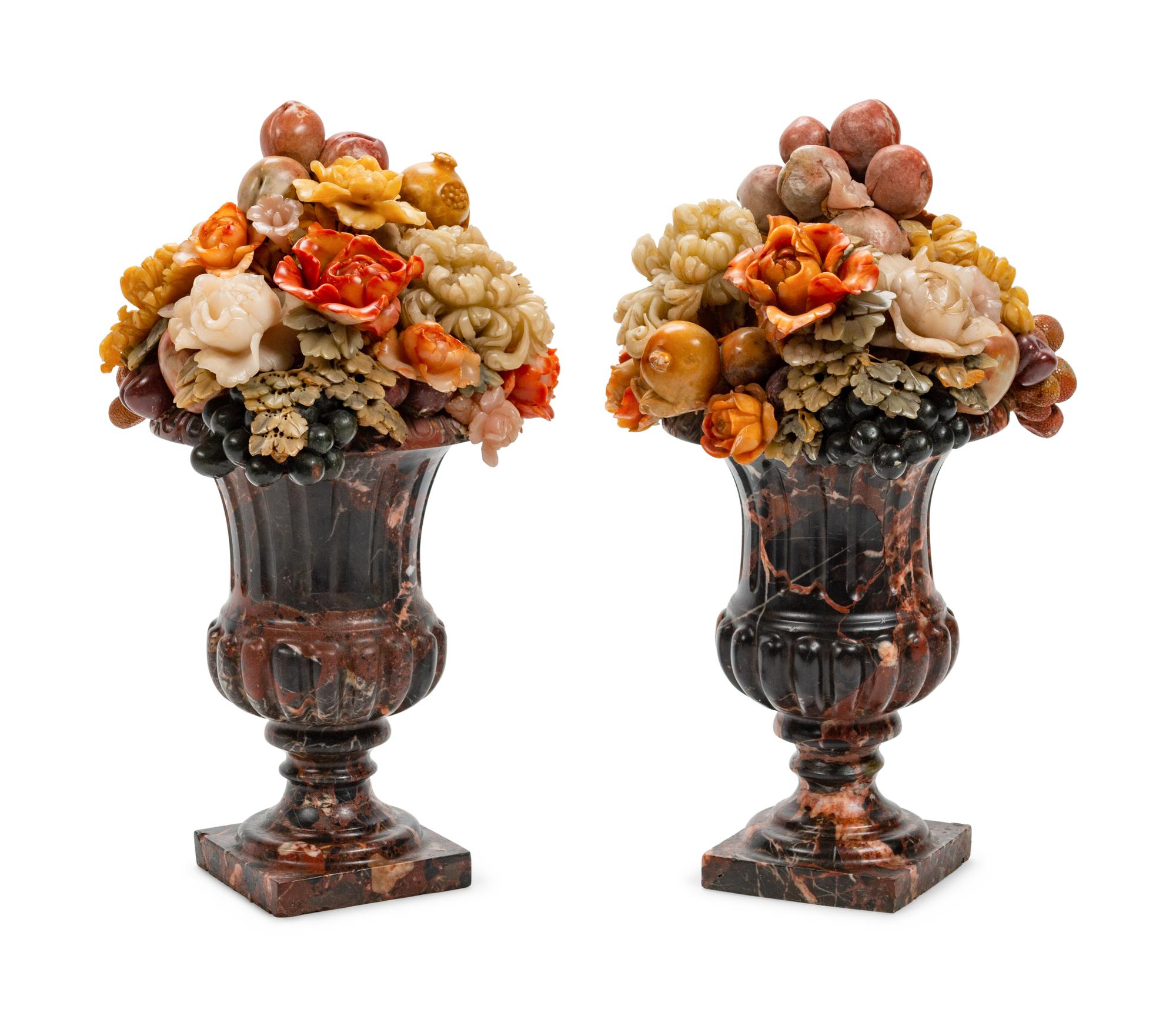 A Pair of Italian Variegated Marble Urns
