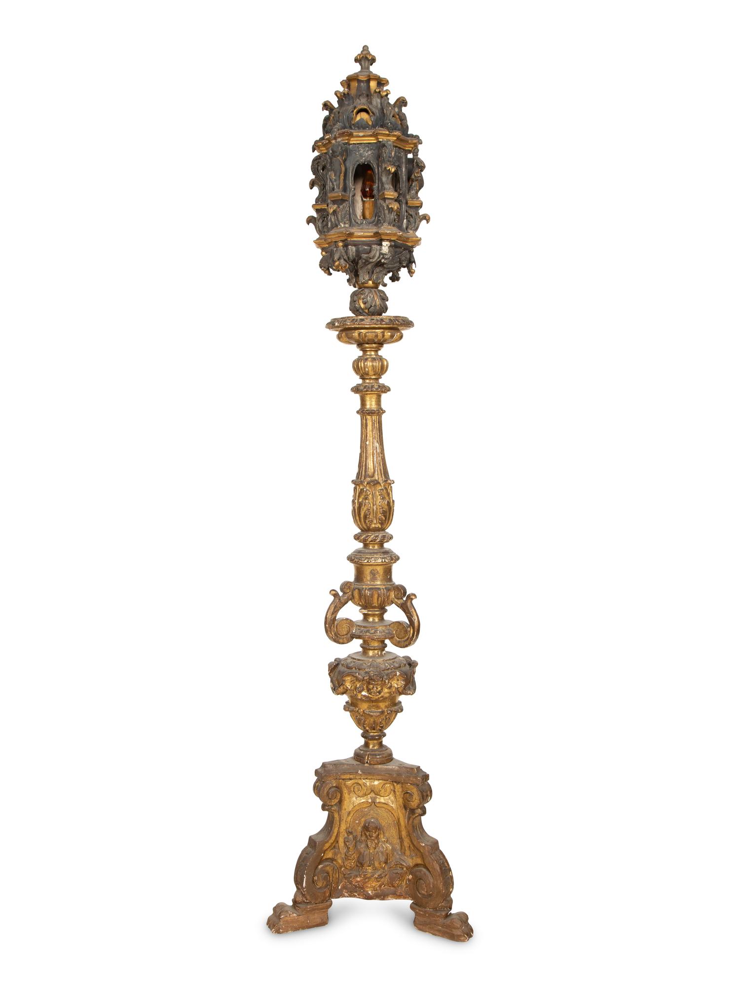A Venetian Painted and Parcel Gilt Lantern on Stand