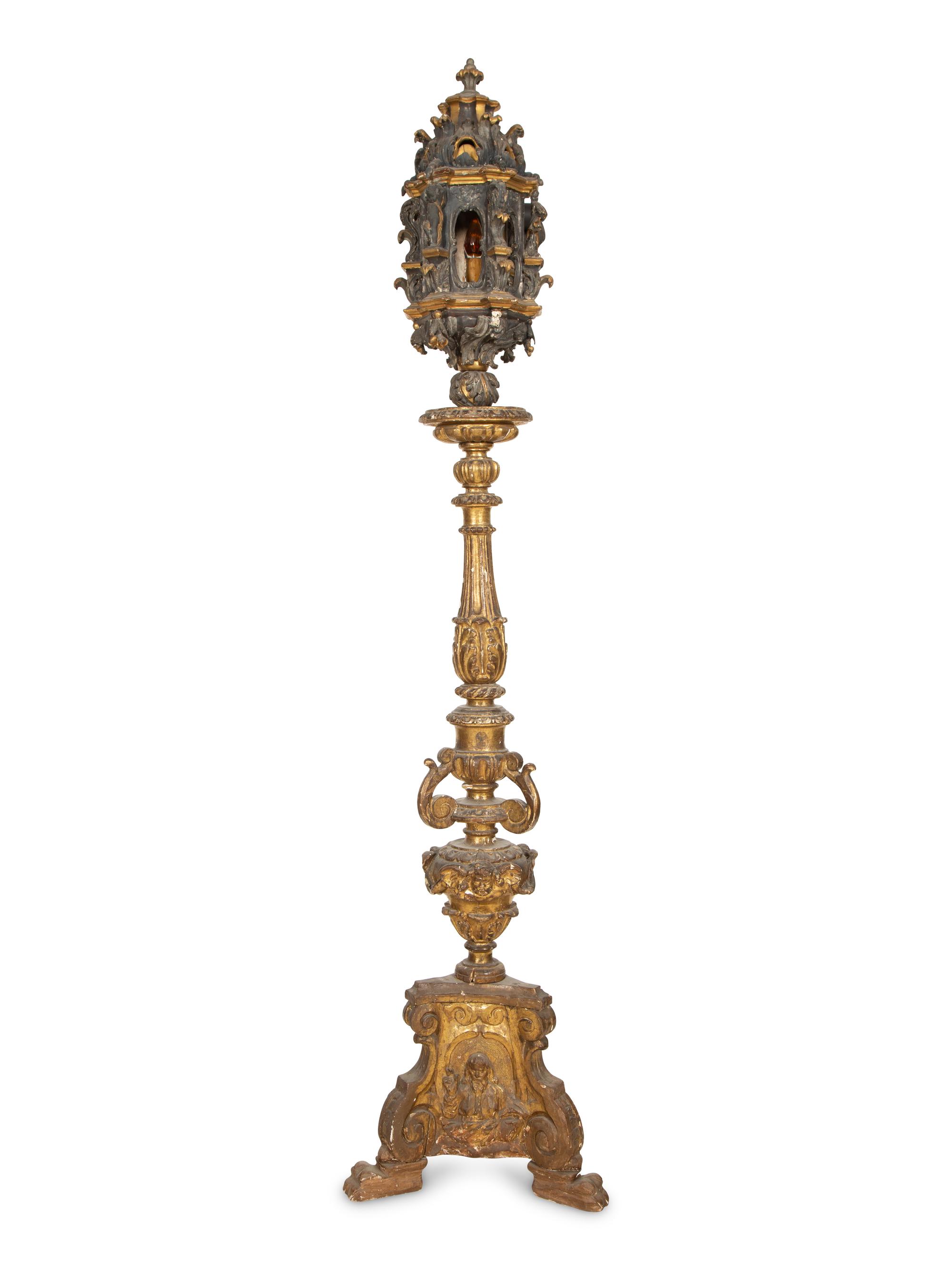 A Venetian Painted and Parcel Gilt Lantern on Stand