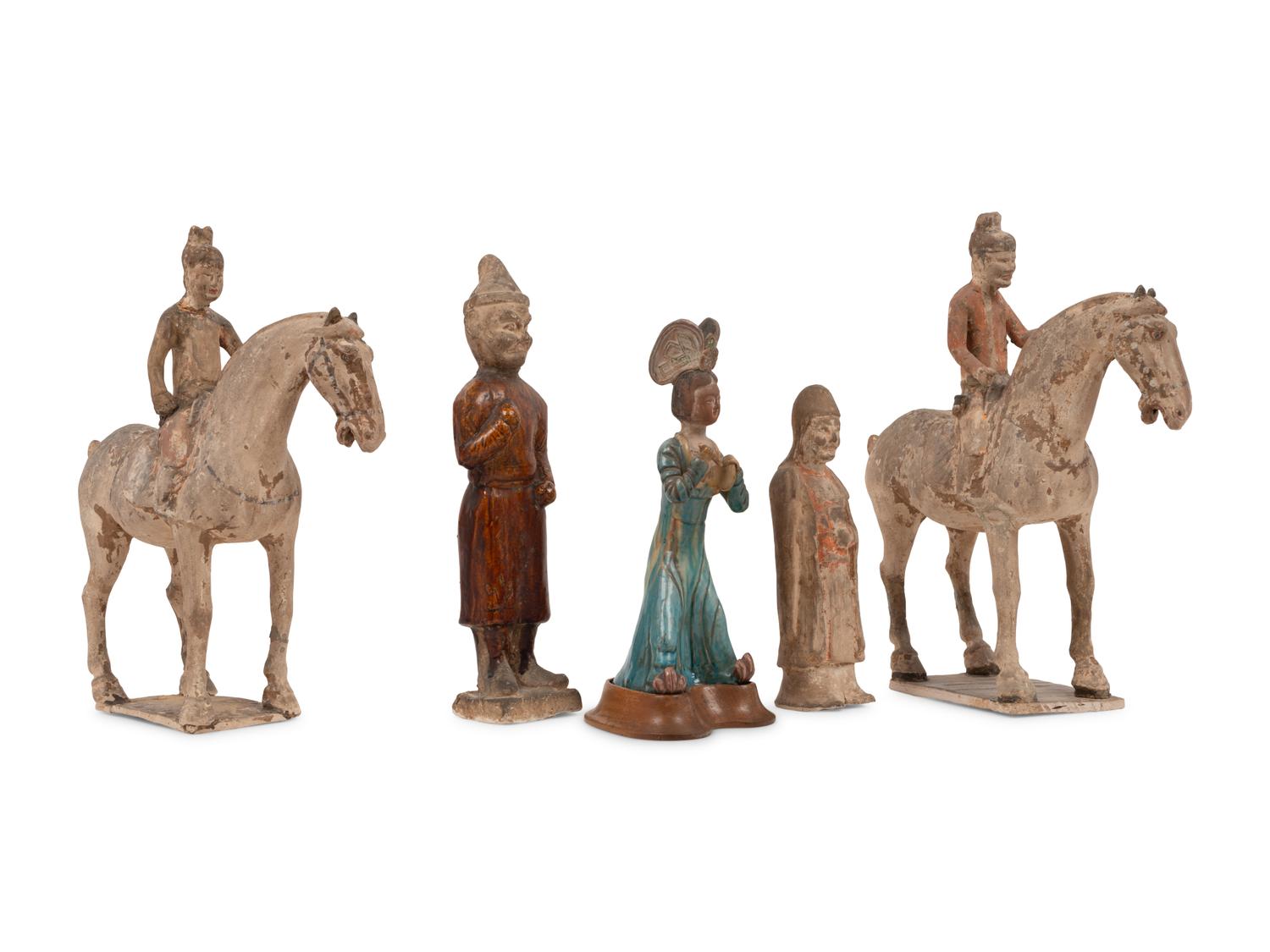 A Pair of Chinese Glazed Terra Cotta Horses with Riders and Three Glazed Terra Cotta Figures