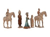 A Pair of Chinese Glazed Terra Cotta Horses with Riders and Three Glazed Terra Cotta Figures