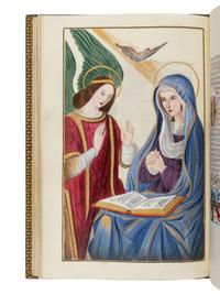 GOTHIC REVIVAL MANUSCRIPT Livre d’Heures [Marriage book offered on the occasion of the wedding of Paul Champion with Julie Rayel, 14 February 1882: “14 février Julie Rayel unie à Paul Champion 1882” ] in French, illuminated manuscript on paper, with illuminated and historiated bracket borders and seven full-page miniatures, France, Paris, c. 1882 (or little before).