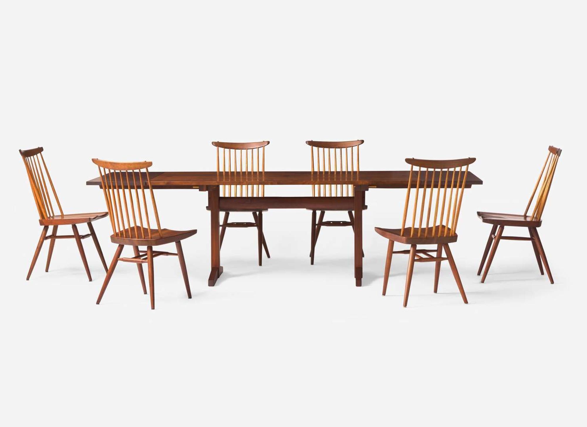 George Nakashima (1905-1990), Trestle Extension Dining Table and Six New Chairs, New Hope, PA, 1966