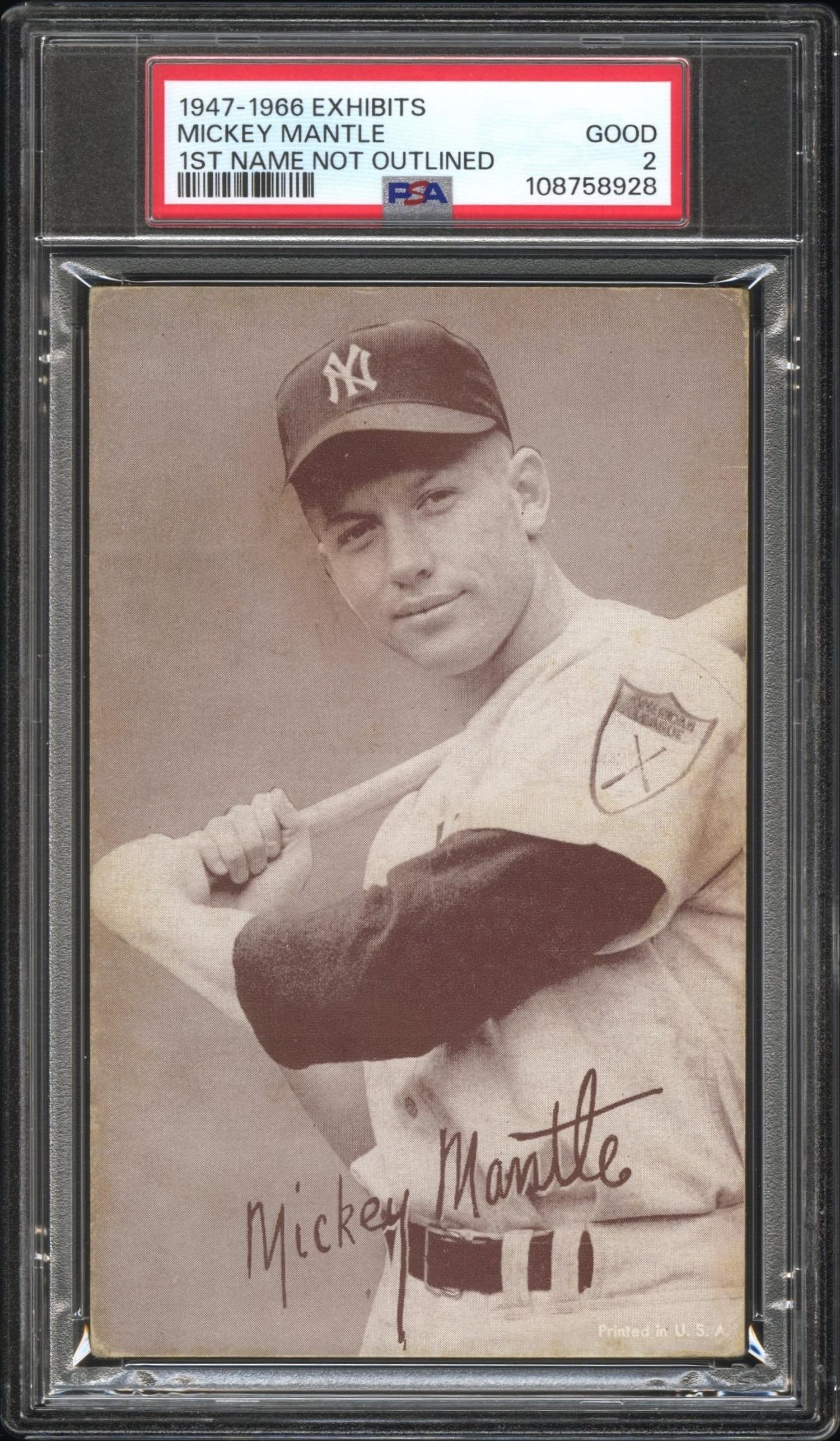 A 1947-66 Mickey Mantle Exhibit Baseball Card - First Name Not Outlined (PSA 2 GOOD)