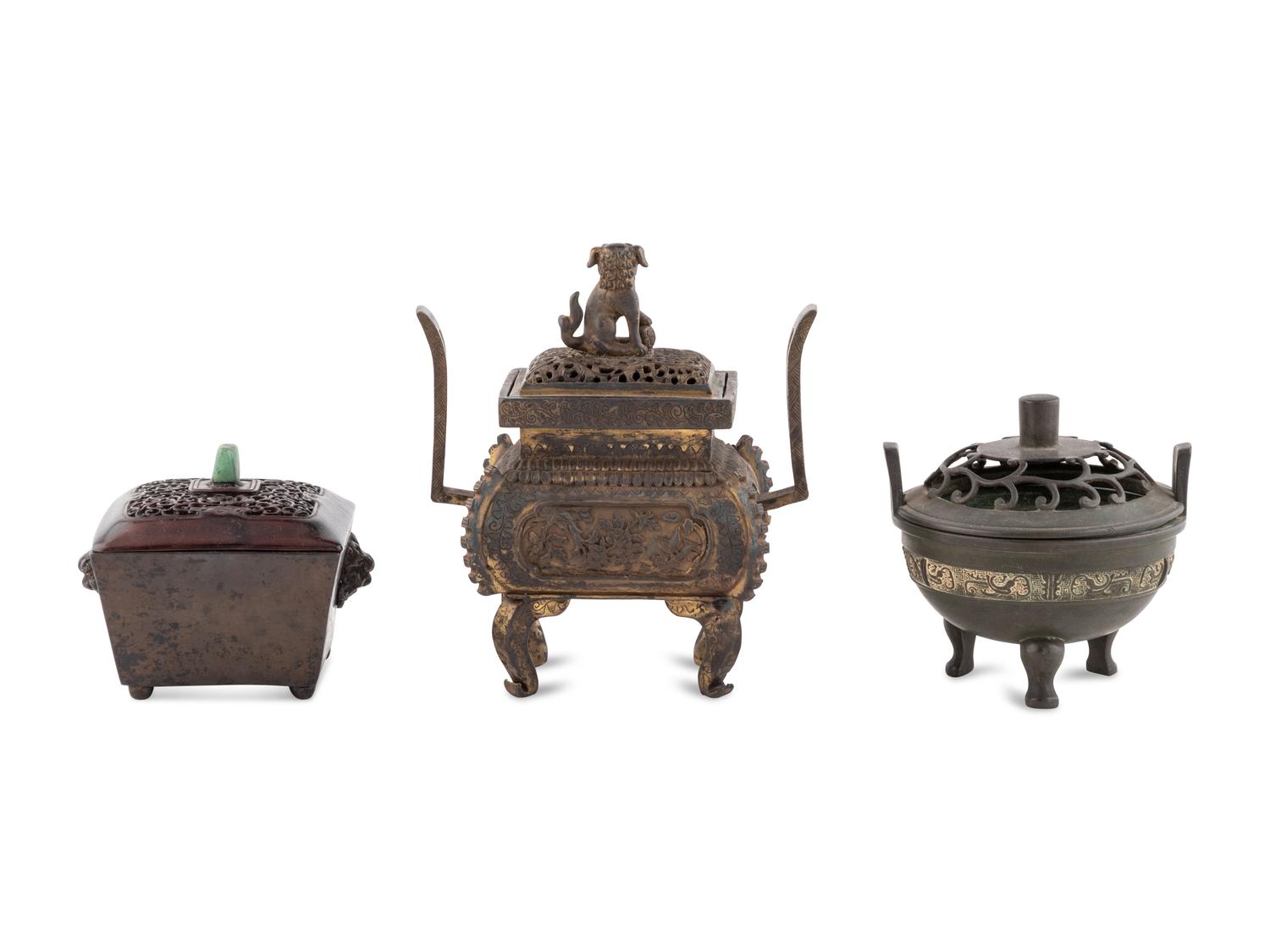 Three Chinese Bronze Covered Incense Burners