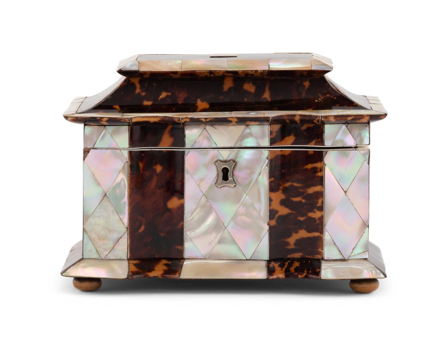 A Regency Tortoise Shell and Mother-of-Pearl Tea Caddy