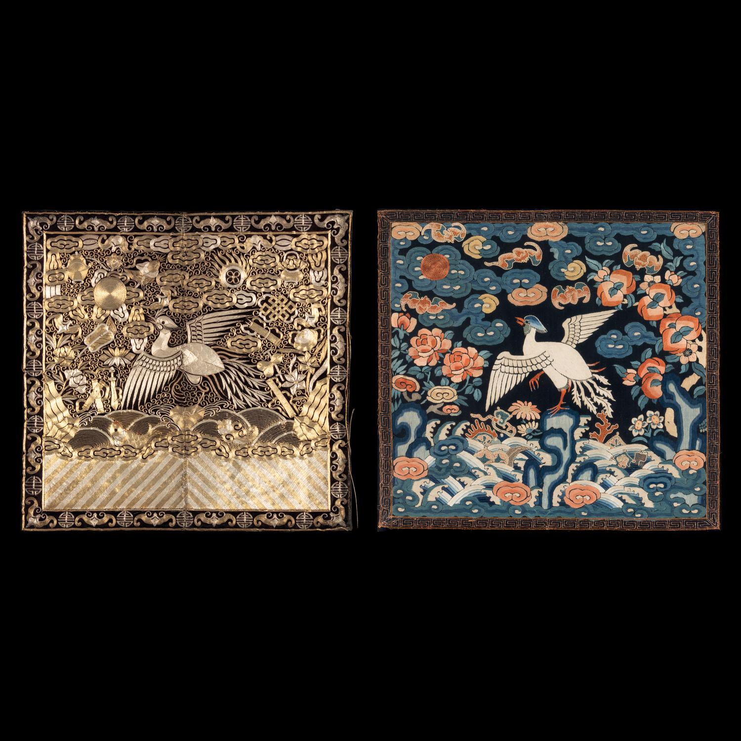 Two Chinese Embroidered Silk 'Silver Pheasant' Rank Badges, Buzi, 19th Century 清中晚期 刺綉五品文官白鹇補子兩幅