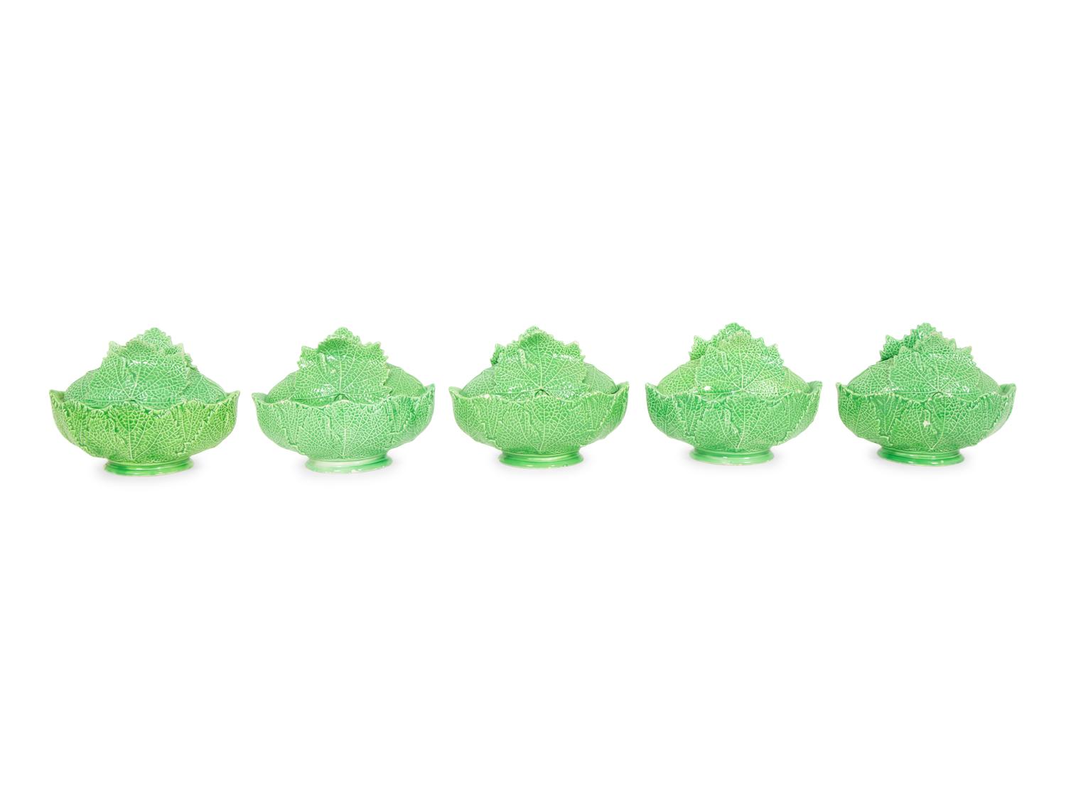 A Set of Five Italian Leaf-Form Oval Bowls and Covers
