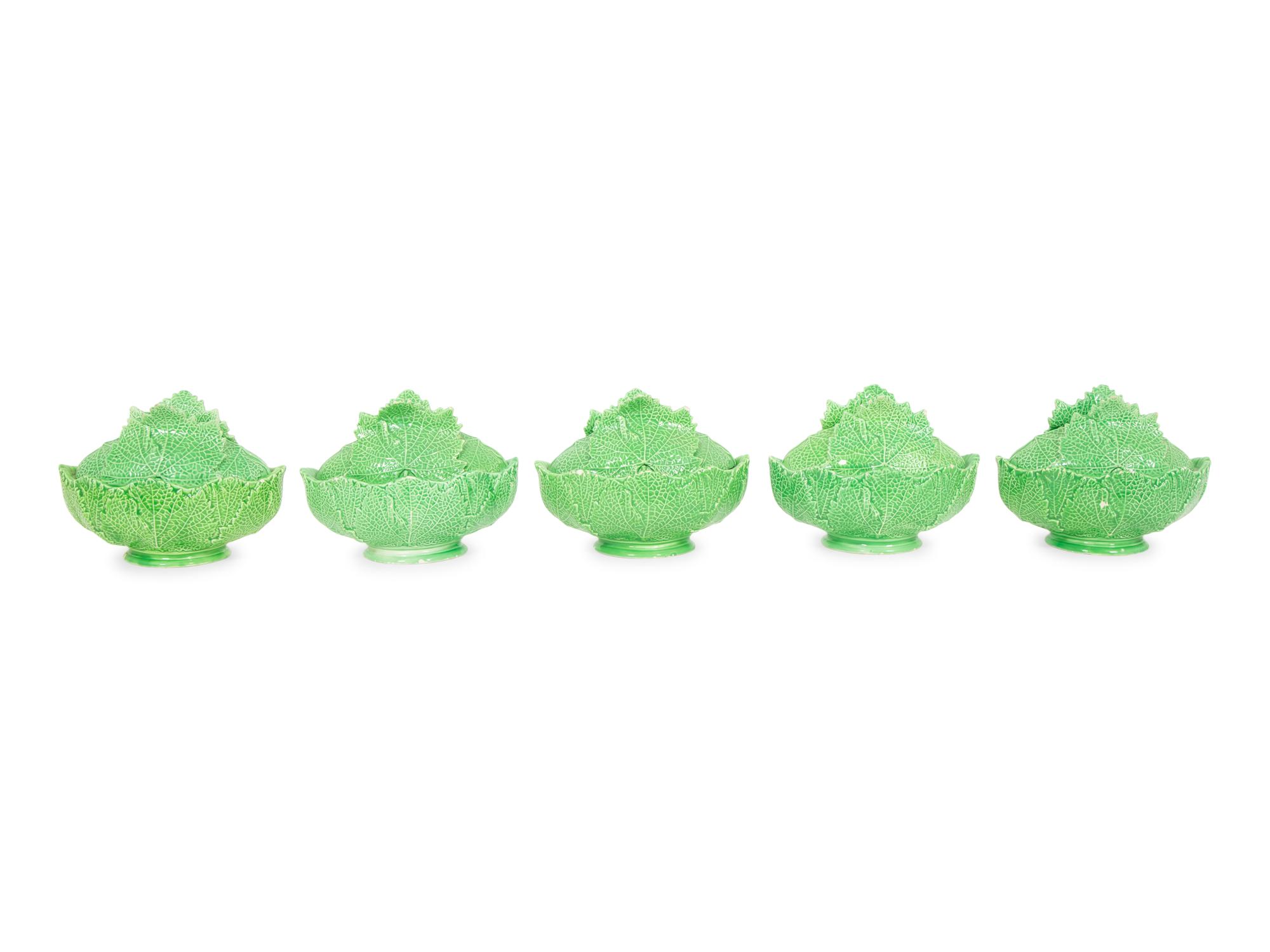 A Set of Five Italian Leaf-Form Oval Bowls and Covers