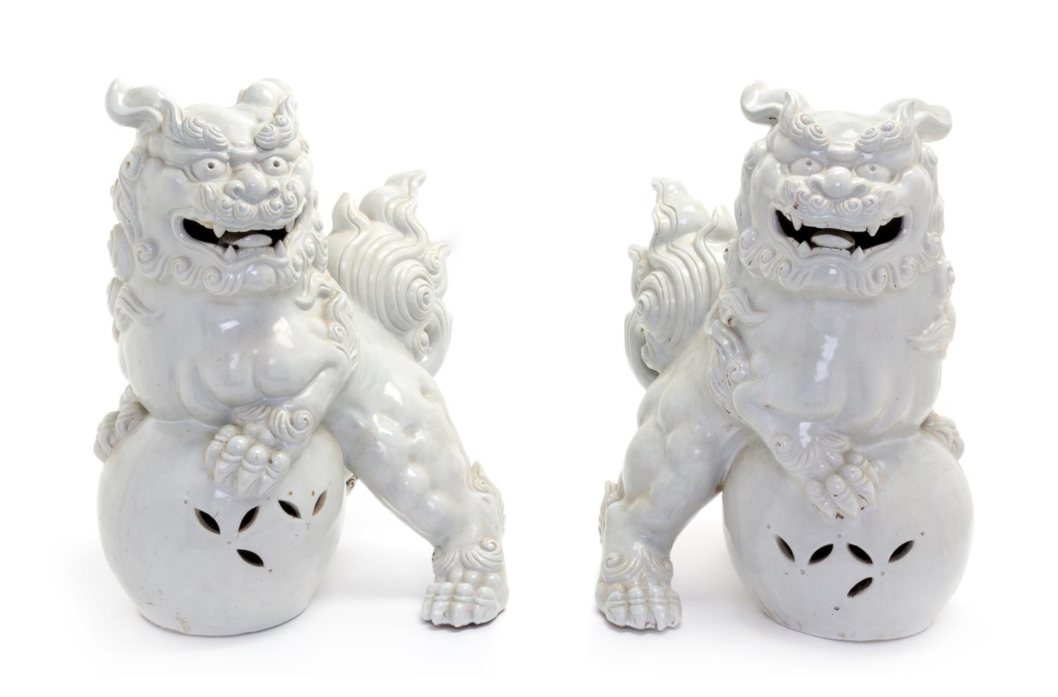 A Pair of Japanese Ceramic Temple Lions Height 20 1/2 inches.