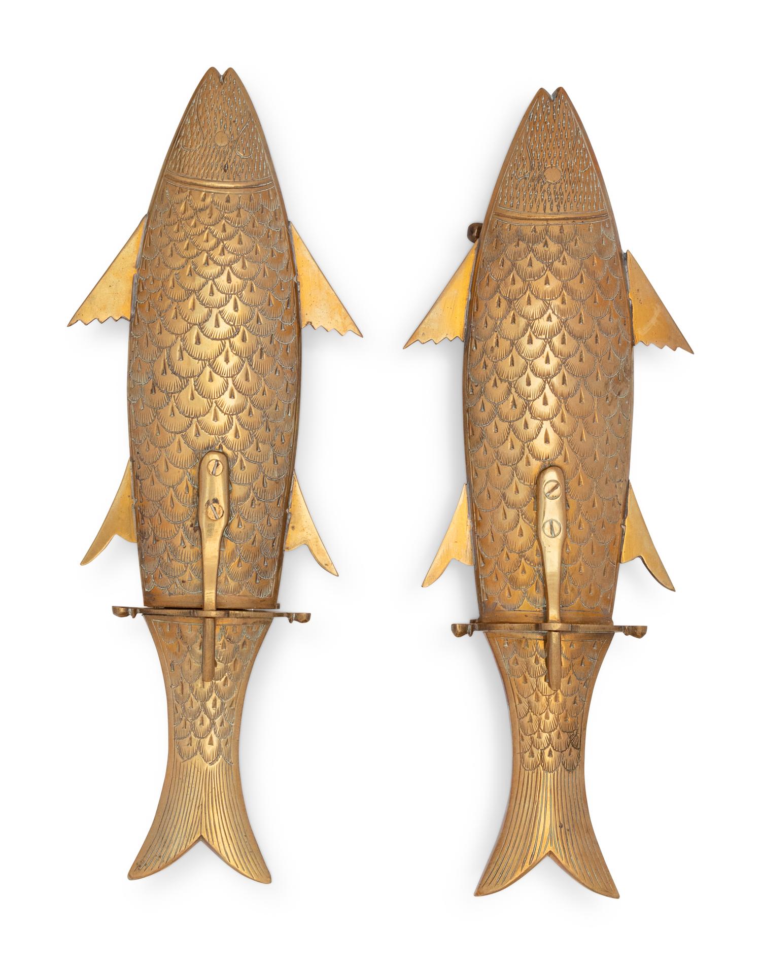 A Two-Piece Carving Set in Brass Fish-Form Sheaths