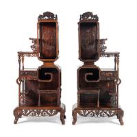 A Pair of Chinese Hardwood Displaying Cabinets, Duobaoge, 20th Century 近代 硬木鏤雕壽字紋大多寶閣一對