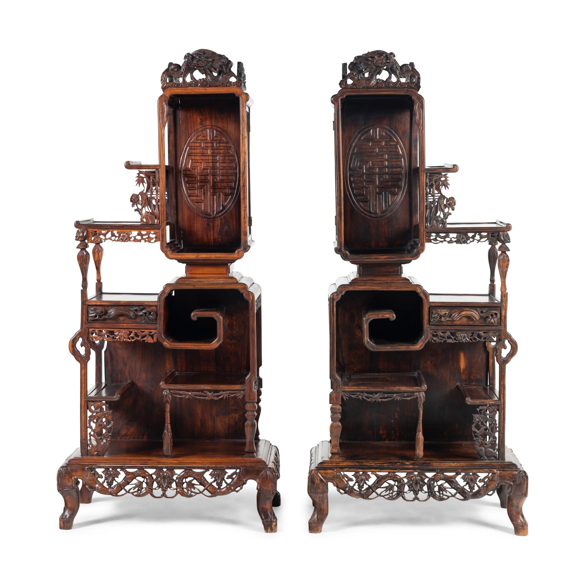 A Pair of Chinese Hardwood Displaying Cabinets, Duobaoge, 20th Century 近代 硬木鏤雕壽字紋大多寶閣一對
