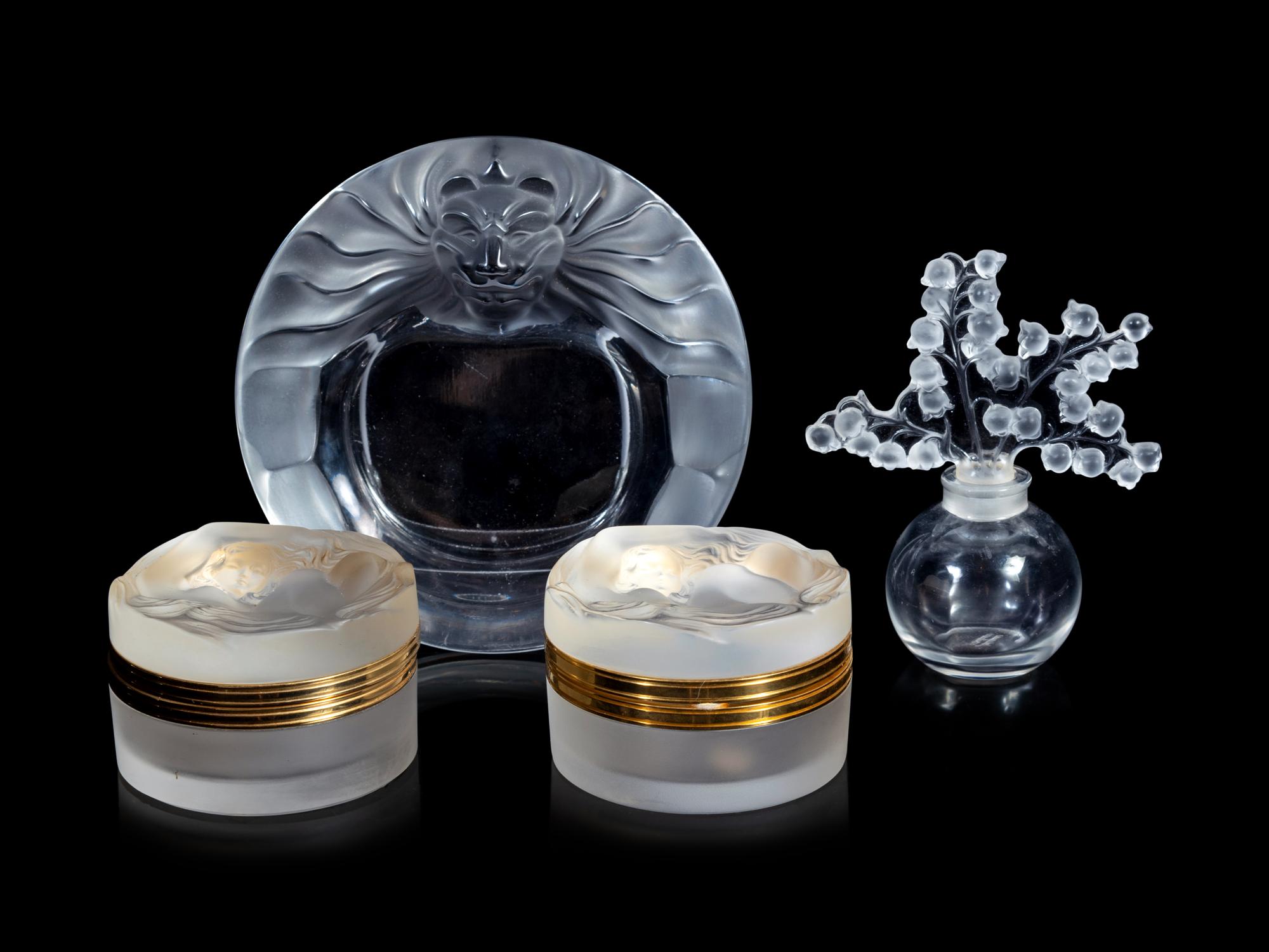 Two Lalique Boxes, a Lalique Coupe and a Lalique Clairefontaine Perfume Bottle