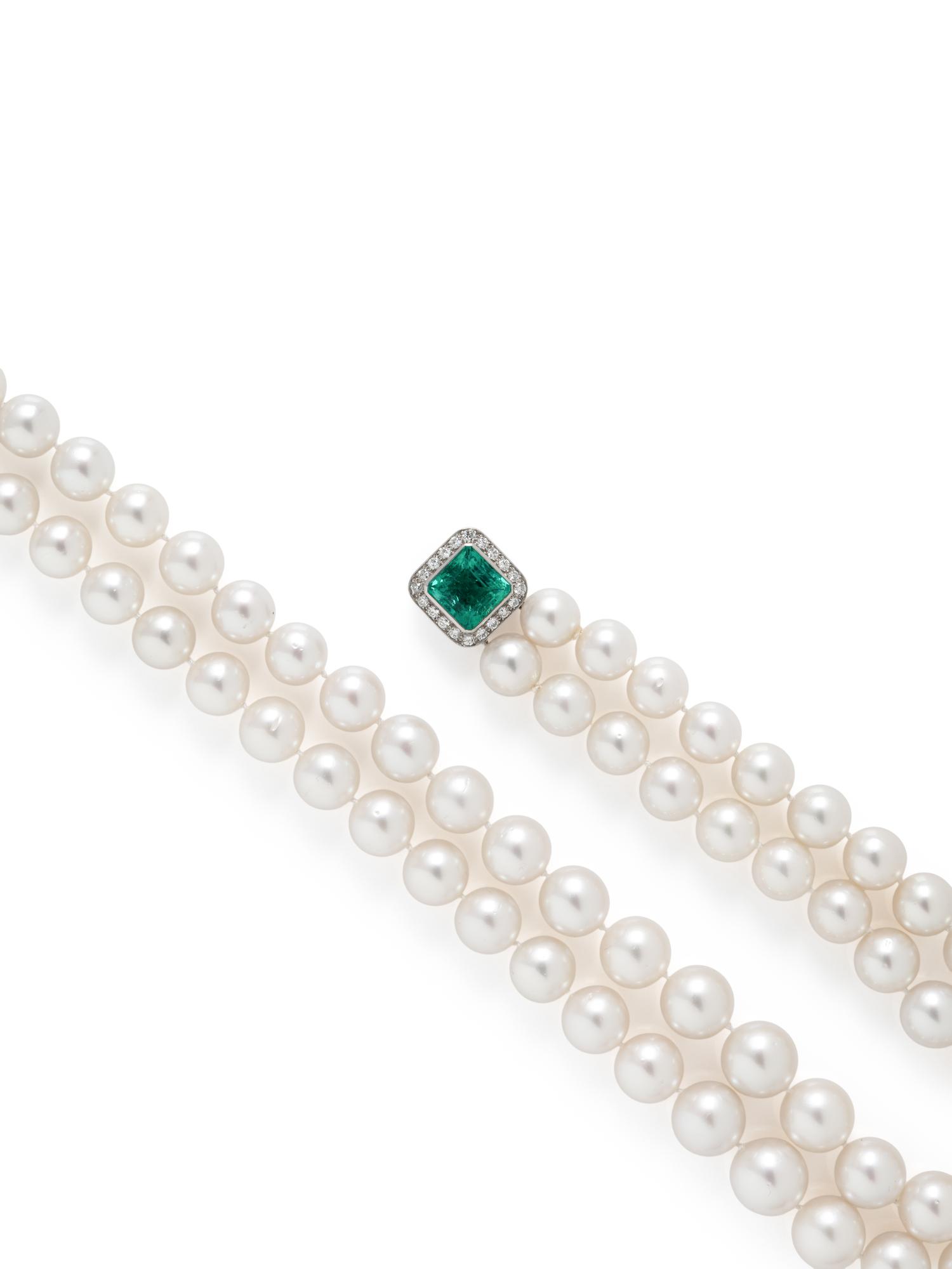 CULTURED PEARL DOUBLE STRAND NECKLACE WITH EMERALD AND DIAMOND CLASP