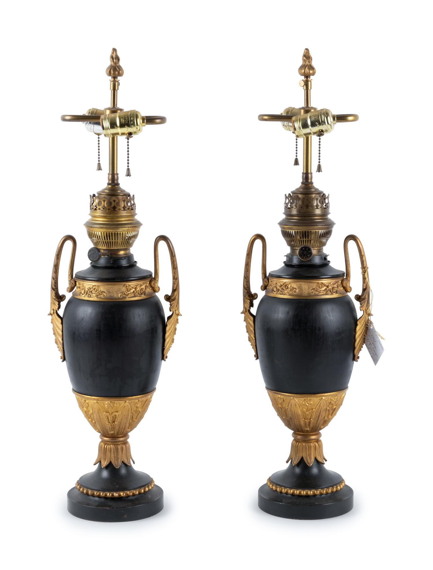 A Pair of Continental Neoclassical Style Urn-Form Electrified Oil Lamps
