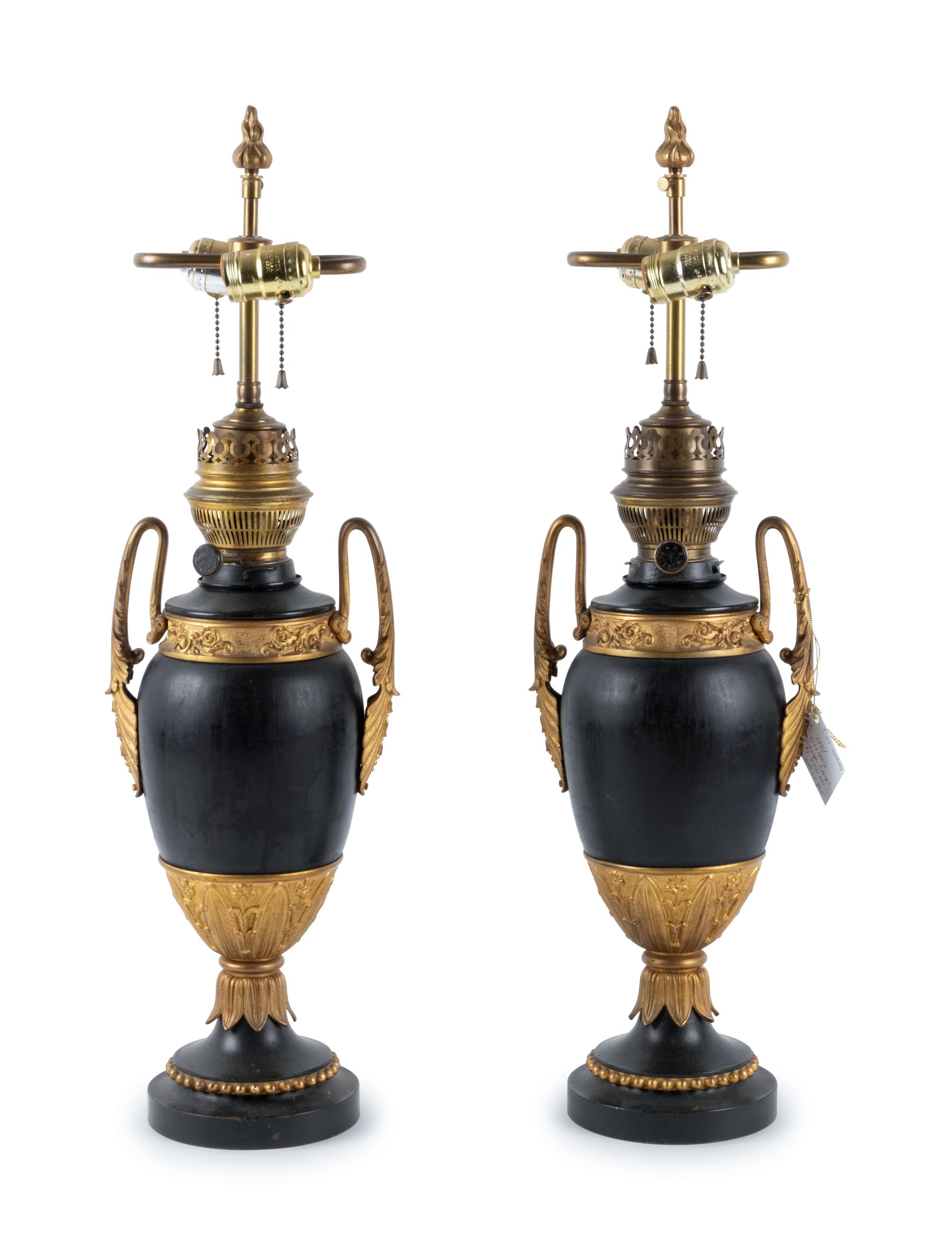 A Pair of Continental Neoclassical Style Urn-Form Electrified Oil Lamps