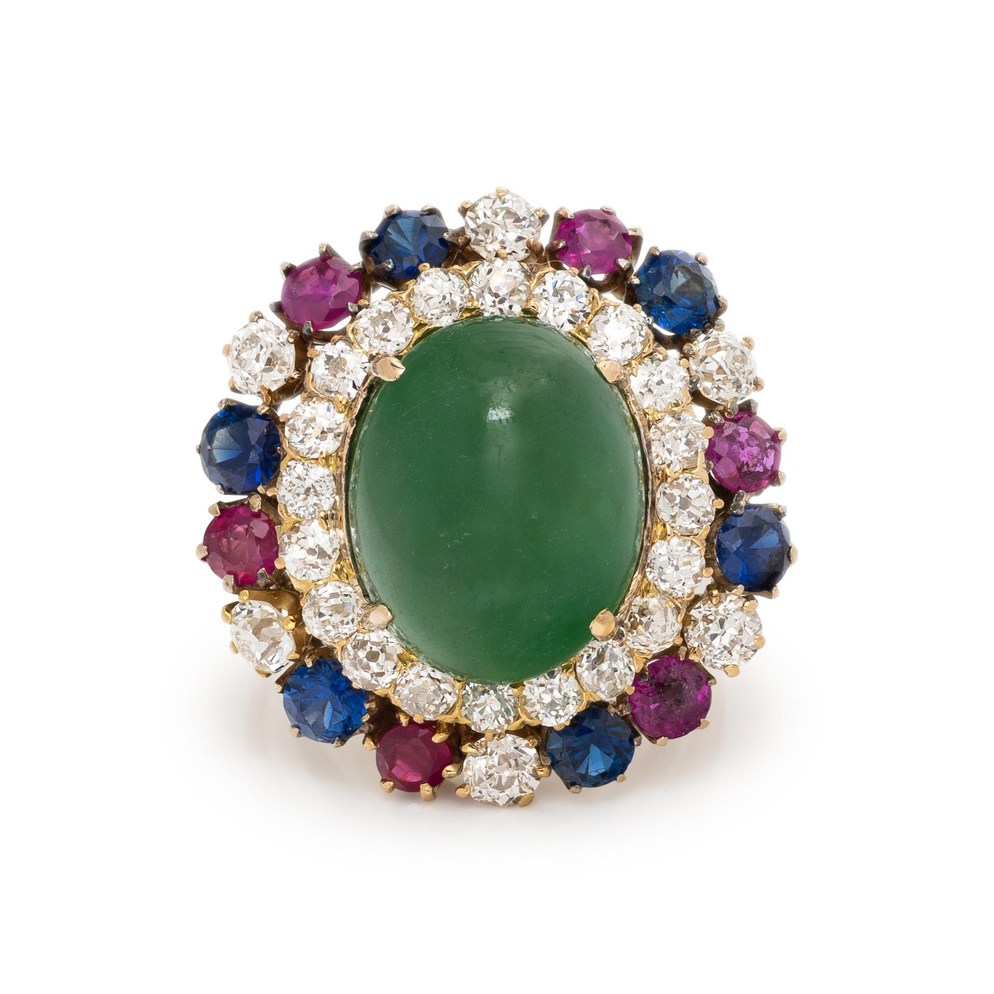 JADE, RUBY, SAPPHIRE, AND DIAMOND RING