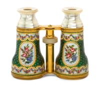 A Pair of French Enameled and Mother-of-Pearl Veneered Opera Glasses, Tiffany Reed & Co., Width 4 1/2 inches.