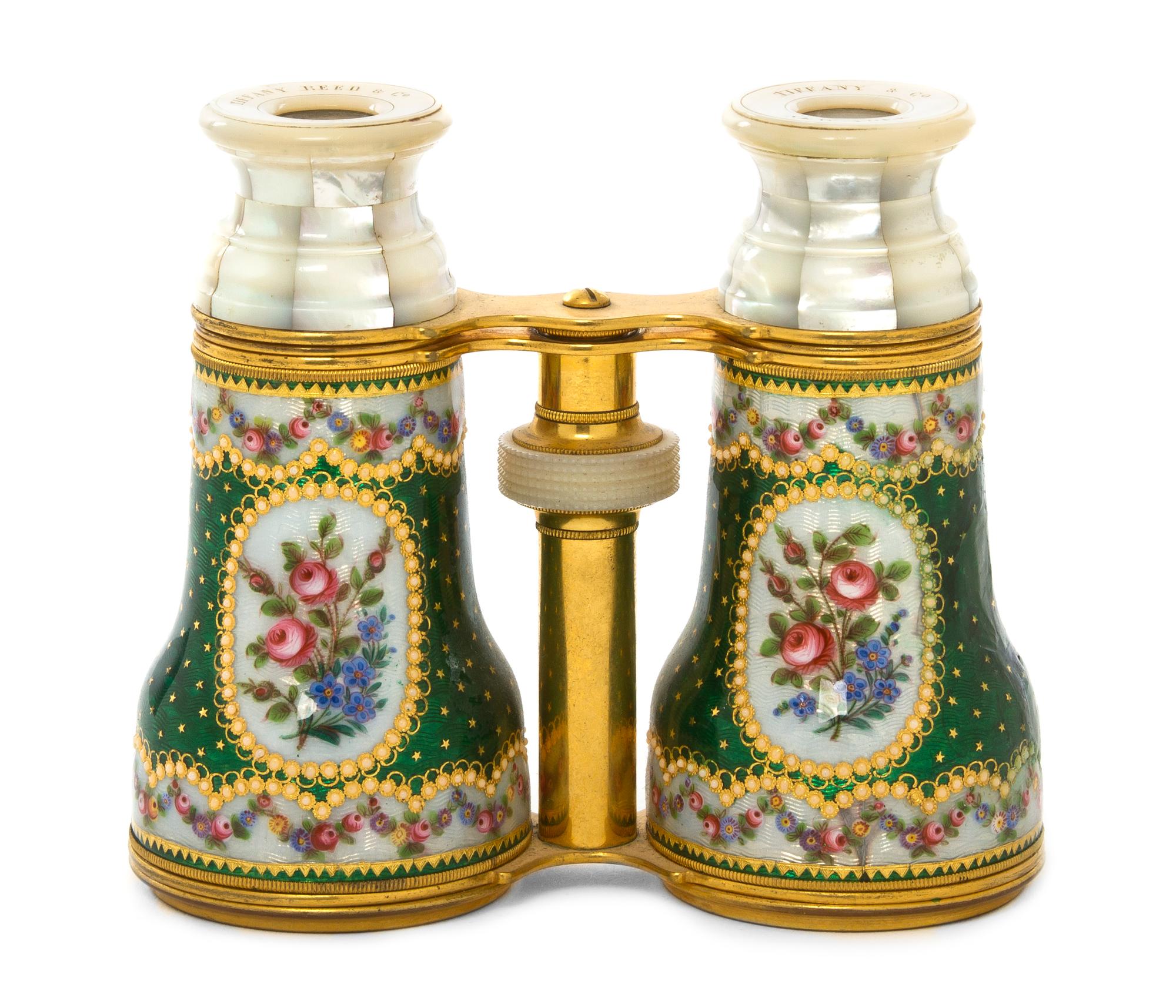A Pair of French Enameled and Mother-of-Pearl Veneered Opera Glasses, Tiffany Reed & Co., Width 4 1/2 inches.