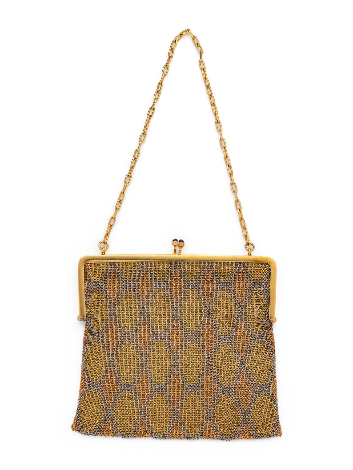 ANTIQUE, TRICOLOR GOLD, DIAMOND AND SAPPHIRE MESH PURSE