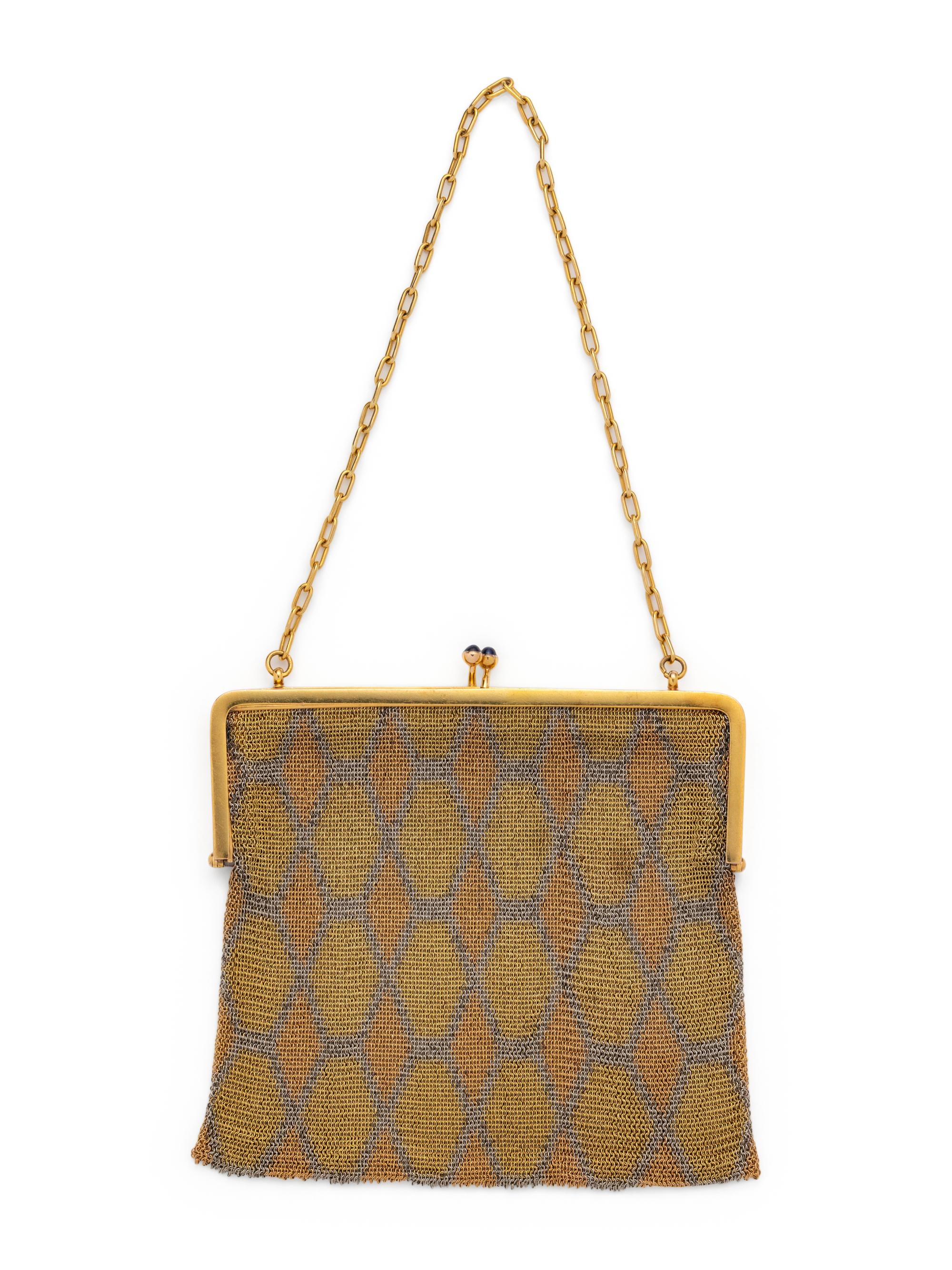ANTIQUE, TRICOLOR GOLD, DIAMOND AND SAPPHIRE MESH PURSE